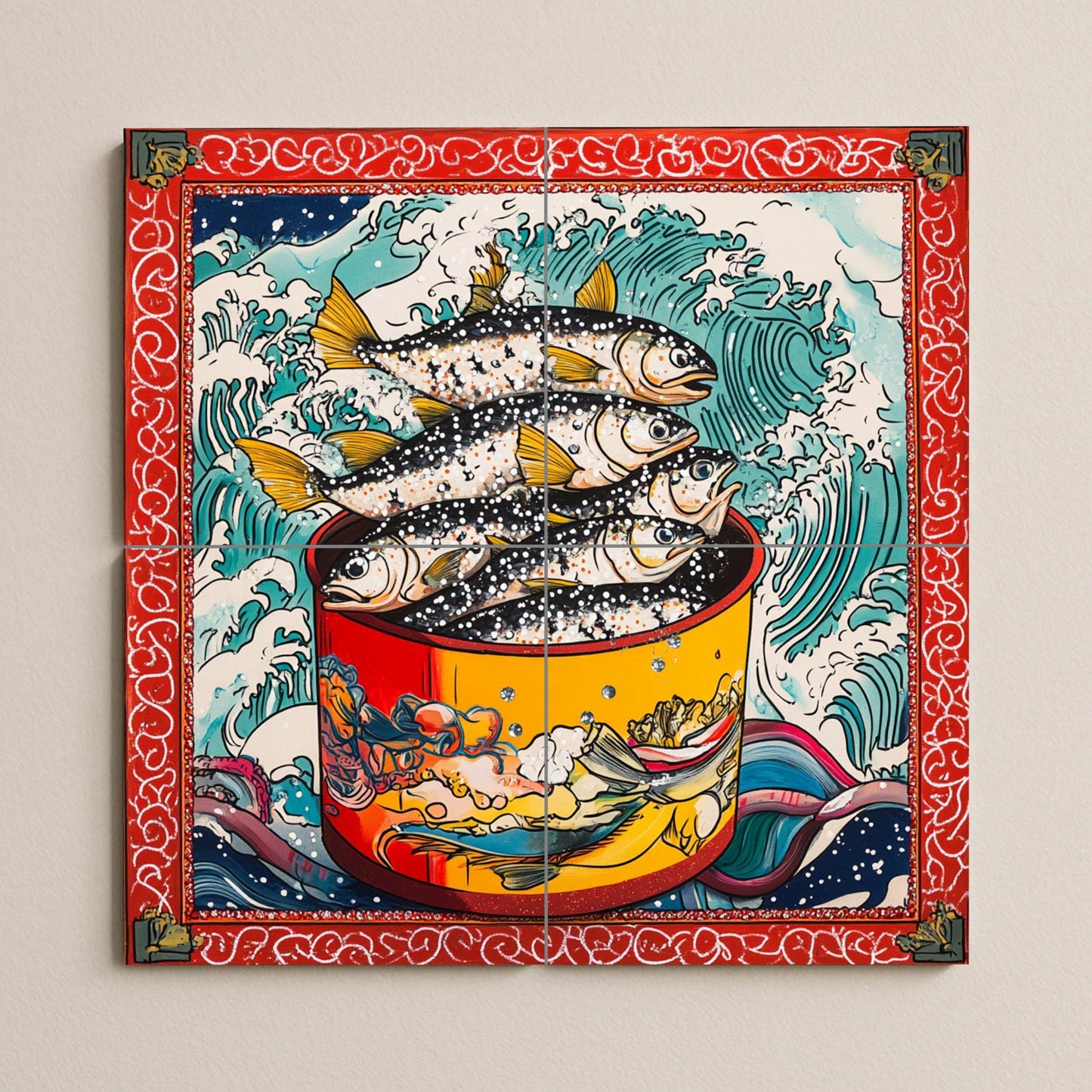 Peces estilizados en maceta roja, olas romp — Seaside Scene · Ceramic Tile Mural