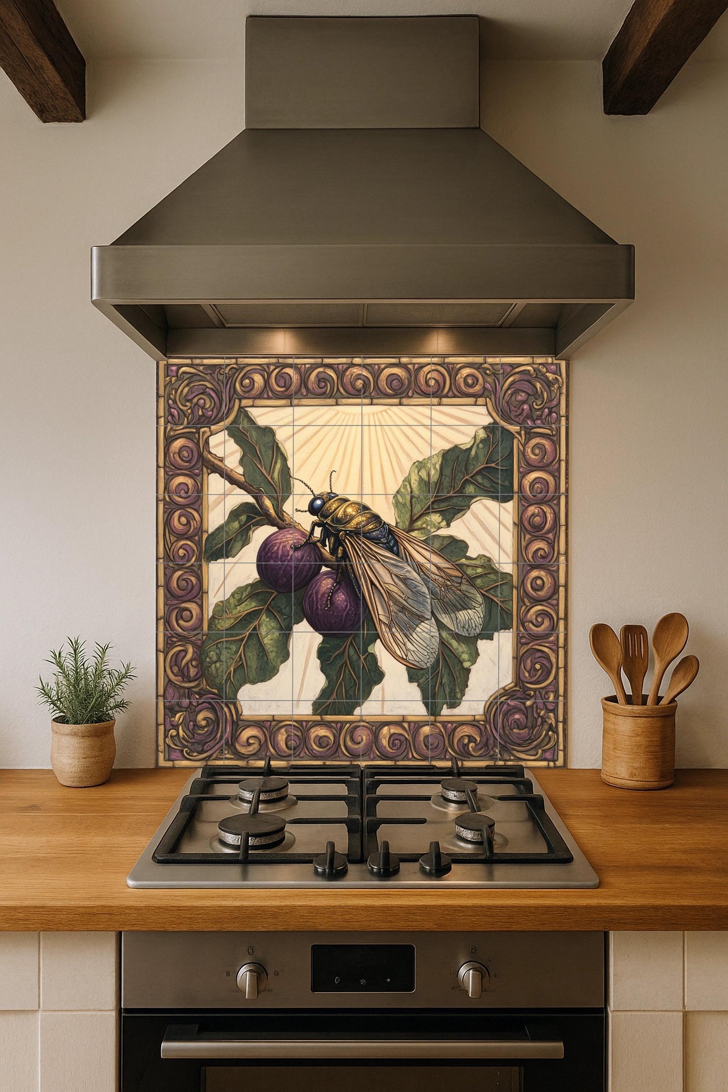 Mural de azulejos de cerámica con higos morados, diseño mediterráneo…