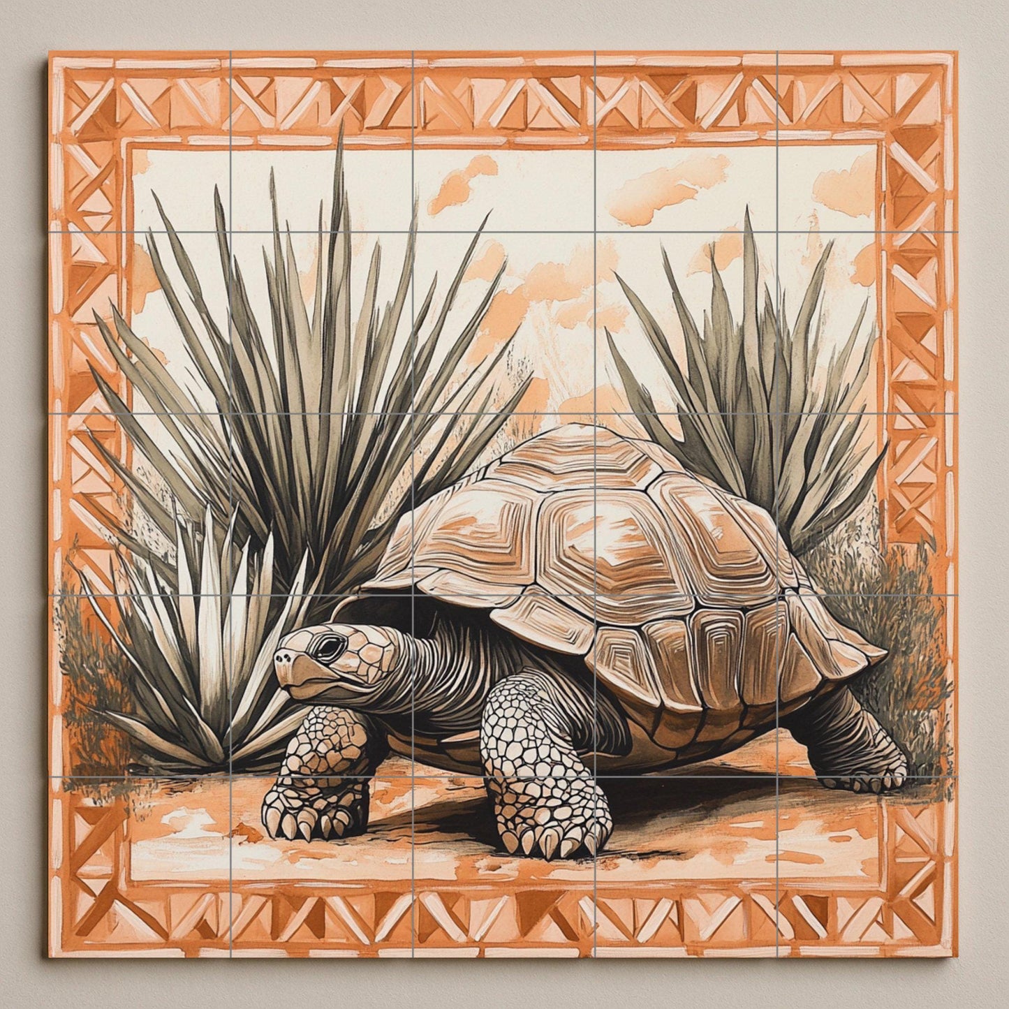Mural de azulejos cerámicos de tortuga del desierto con plantas de…