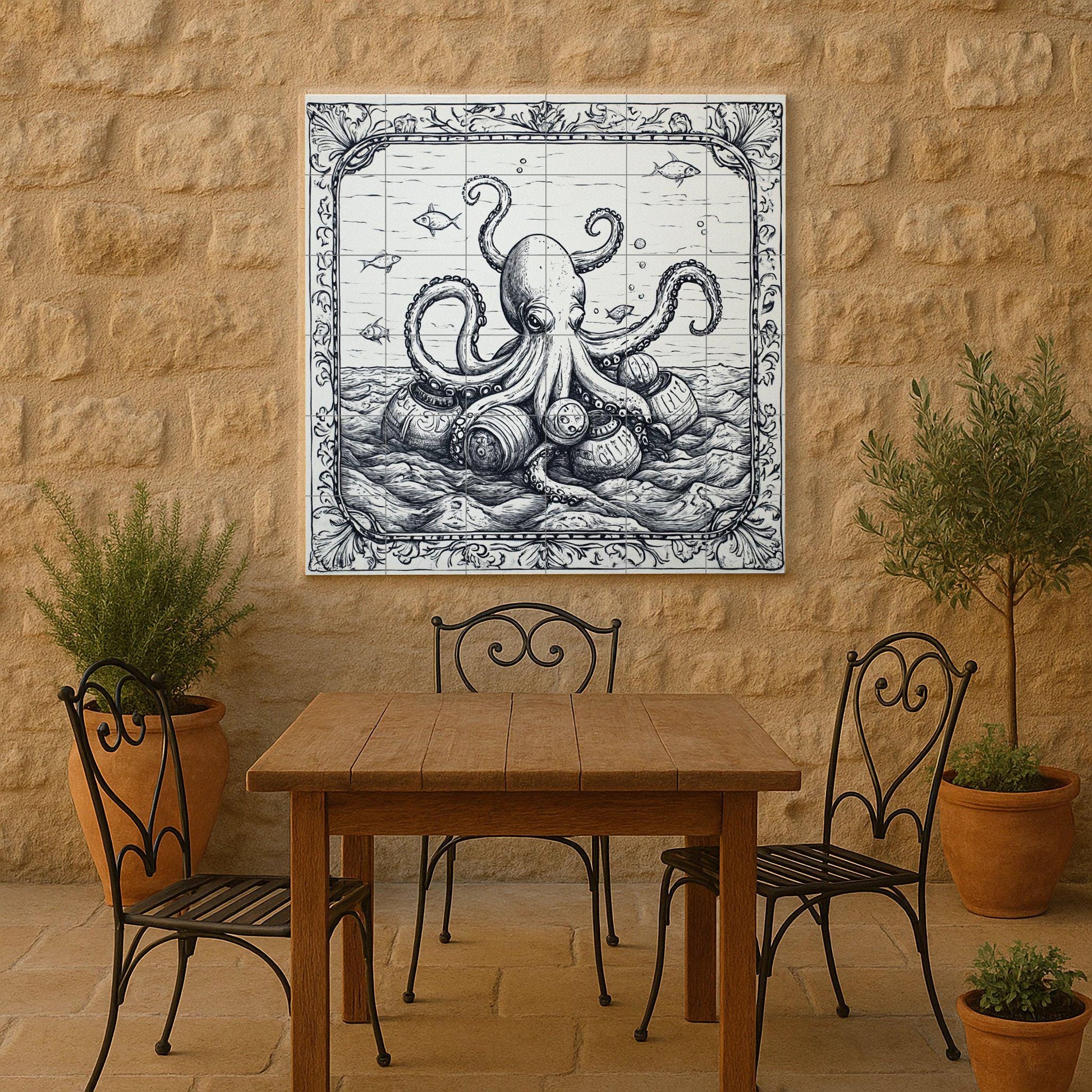 Forma de pulpo náutico y barriles vintage, es — Fliesen-Wandbild aus Keramik · Küstenszene