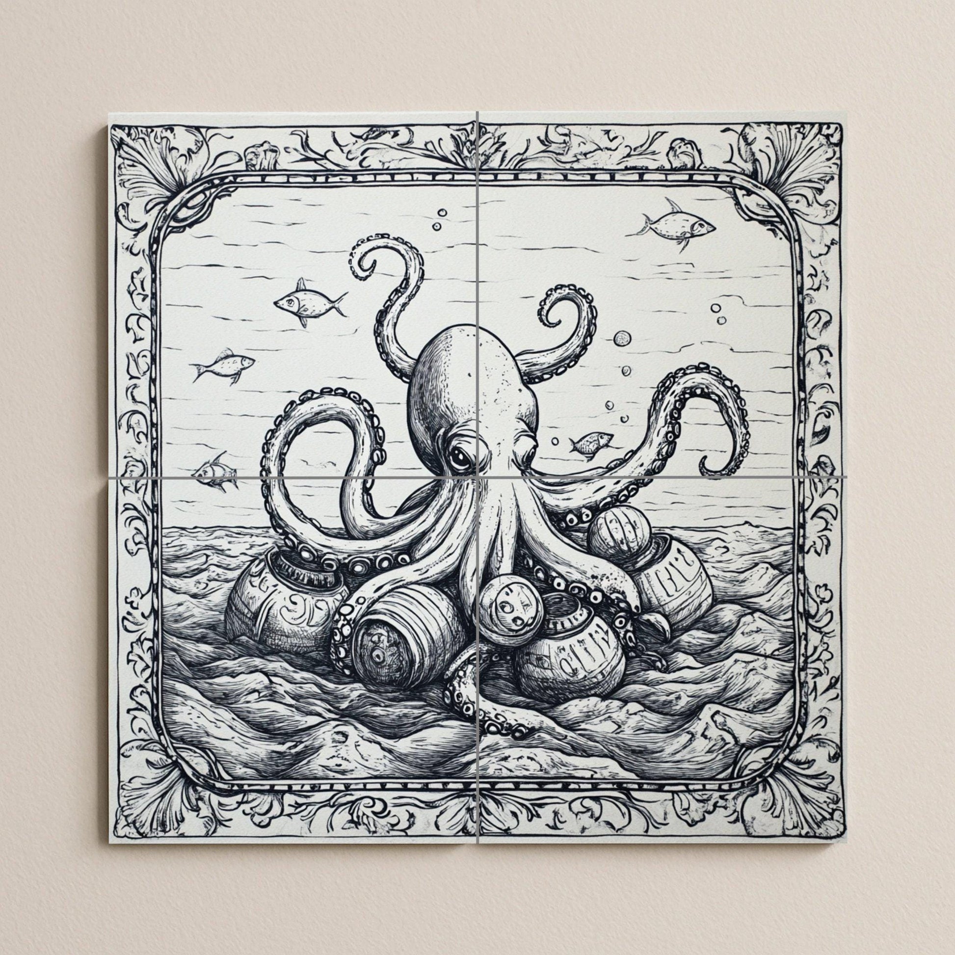 Forma de pulpo náutico y barriles vintage, es — Fliesen-Wandbild aus Keramik · Küstenszene