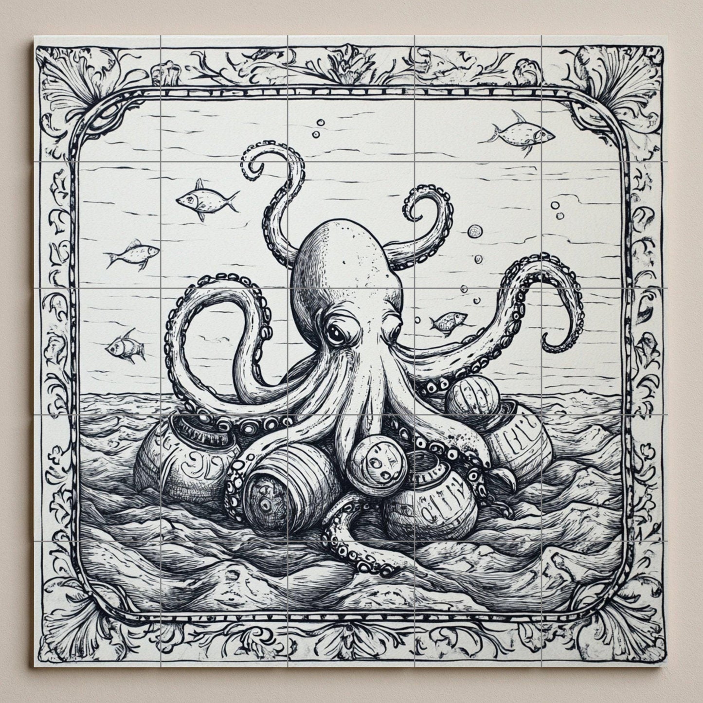 Forma de pulpo náutico y barriles vintage, es — Fliesen-Wandbild aus Keramik · Küstenszene