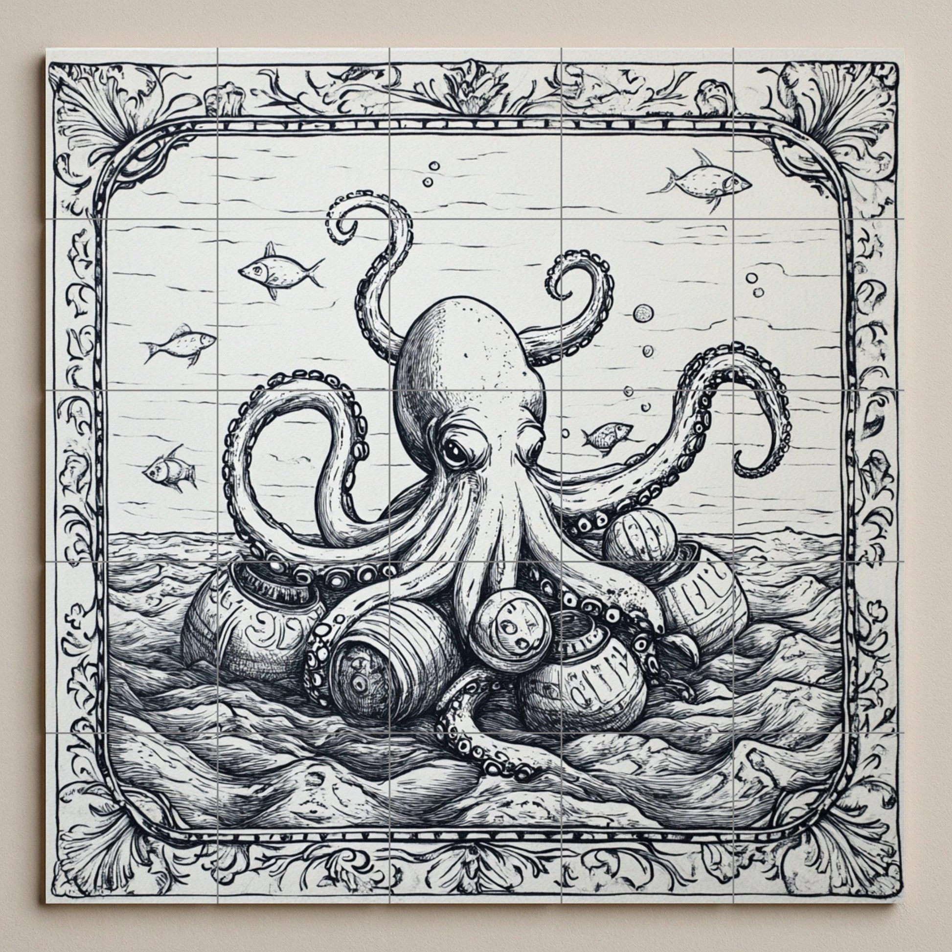 Forma de pulpo náutico y barriles vintage, es — Fliesen-Wandbild aus Keramik · Küstenszene