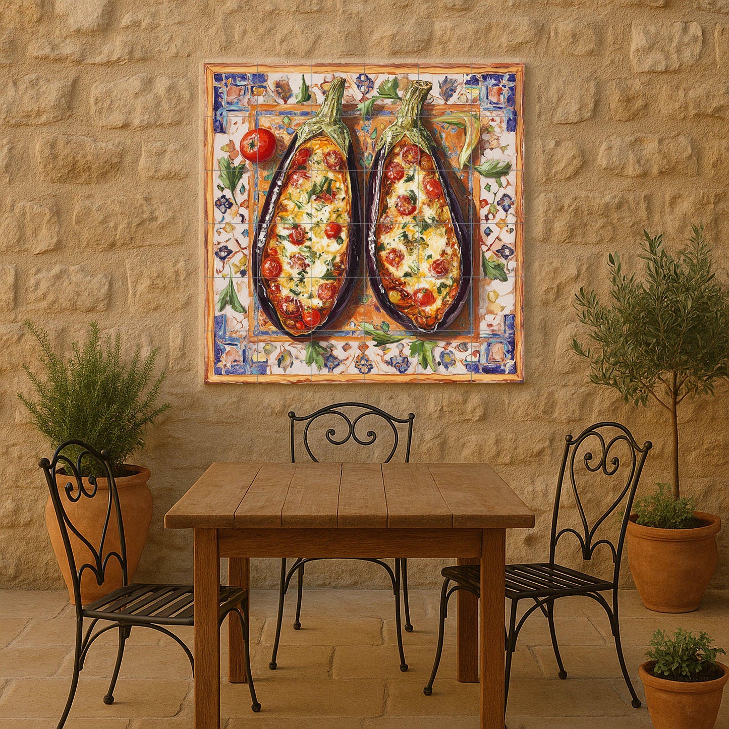 Mediterránea con berenjenas al horno, arte popu — Murale in Piastrelle di Ceramica · Arte Rustica di Fattoria