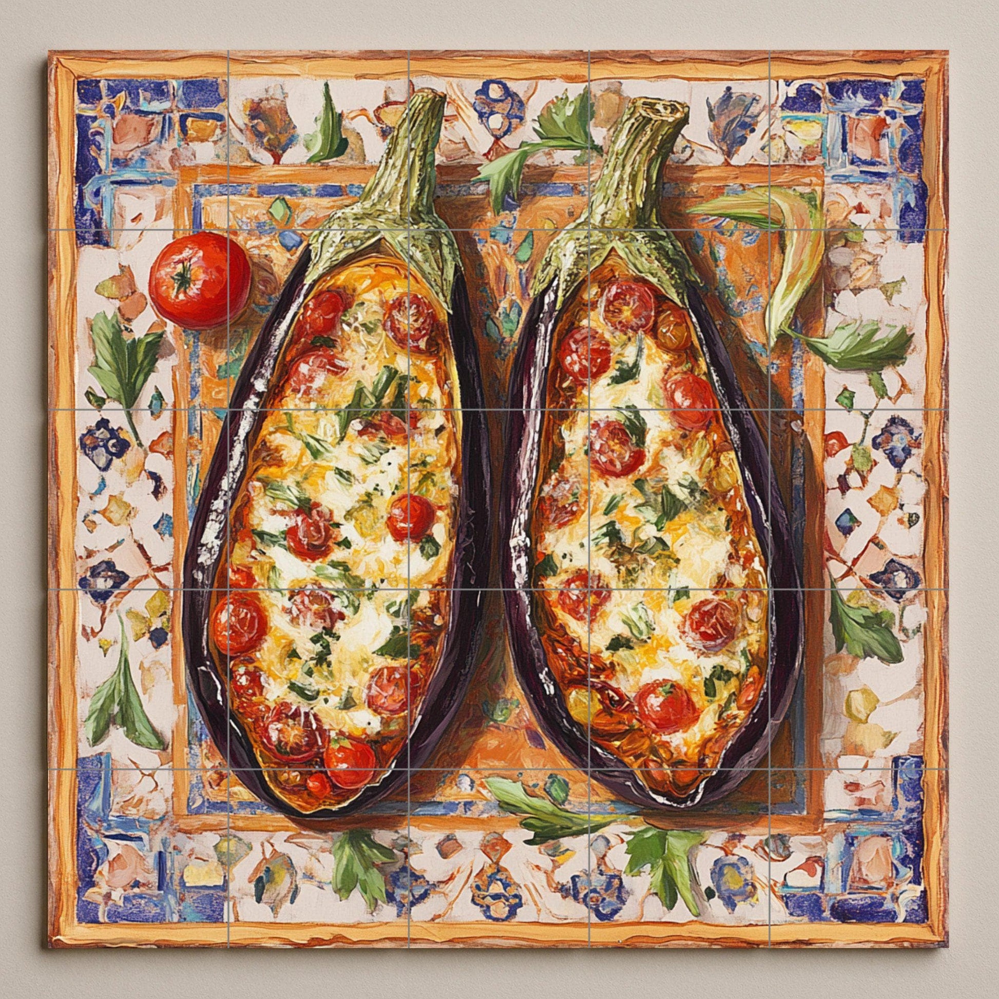Mediterránea con berenjenas al horno, arte popu — Murale in Piastrelle di Ceramica · Arte Rustica di Fattoria