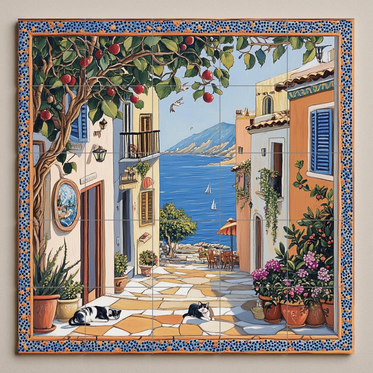 Escena callejera de un pueblo costero, árbo — Flowers & Landscape Art · Tile Wall Art
