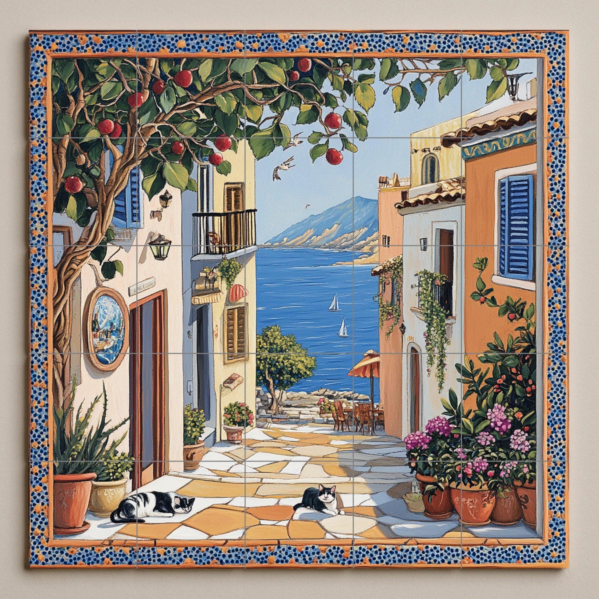Escena callejera de un pueblo costero, árbo — Flowers & Landscape Art · Tile Wall Art