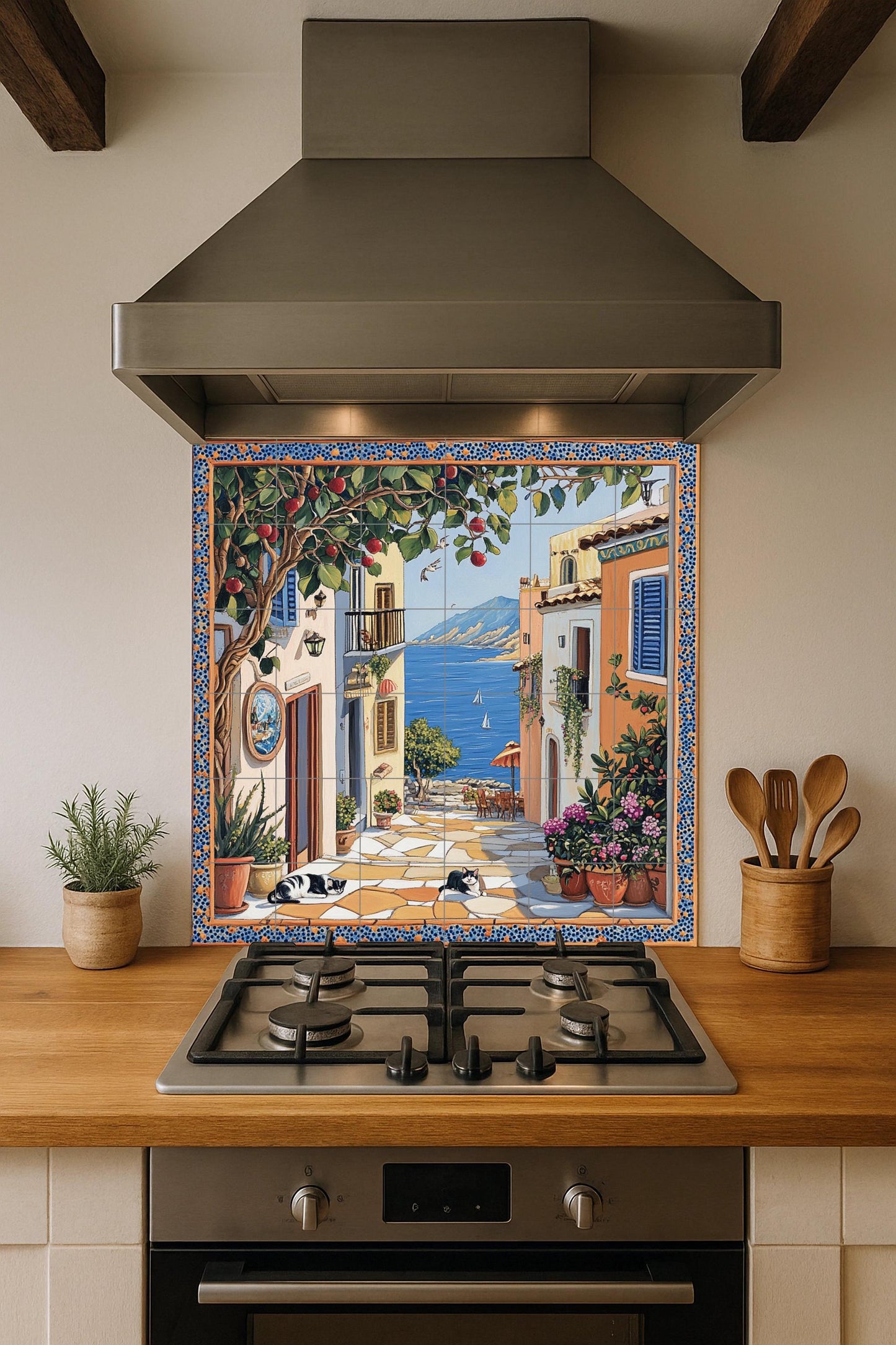 Escena callejera de un pueblo costero, árbo — Flowers & Landscape Art · Tile Wall Art