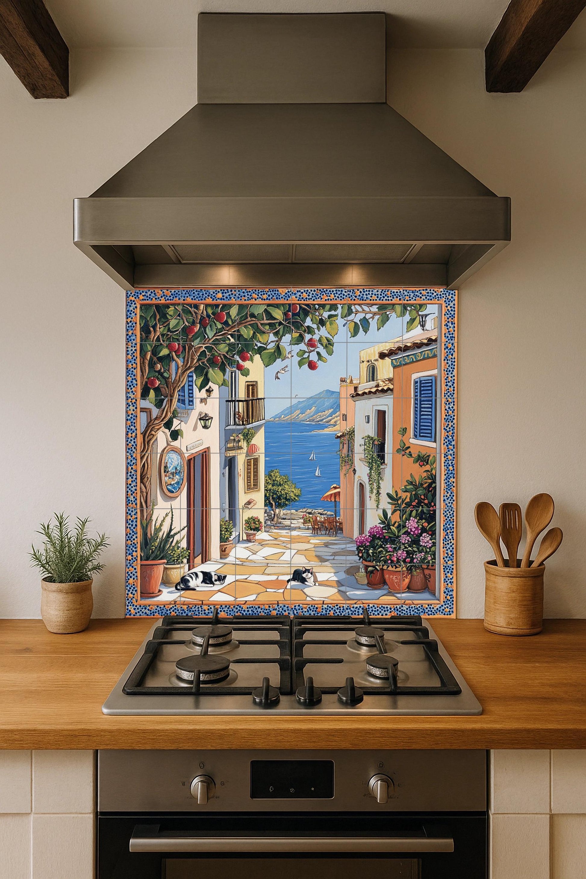 Escena callejera de un pueblo costero, árbo — Flowers & Landscape Art · Tile Wall Art