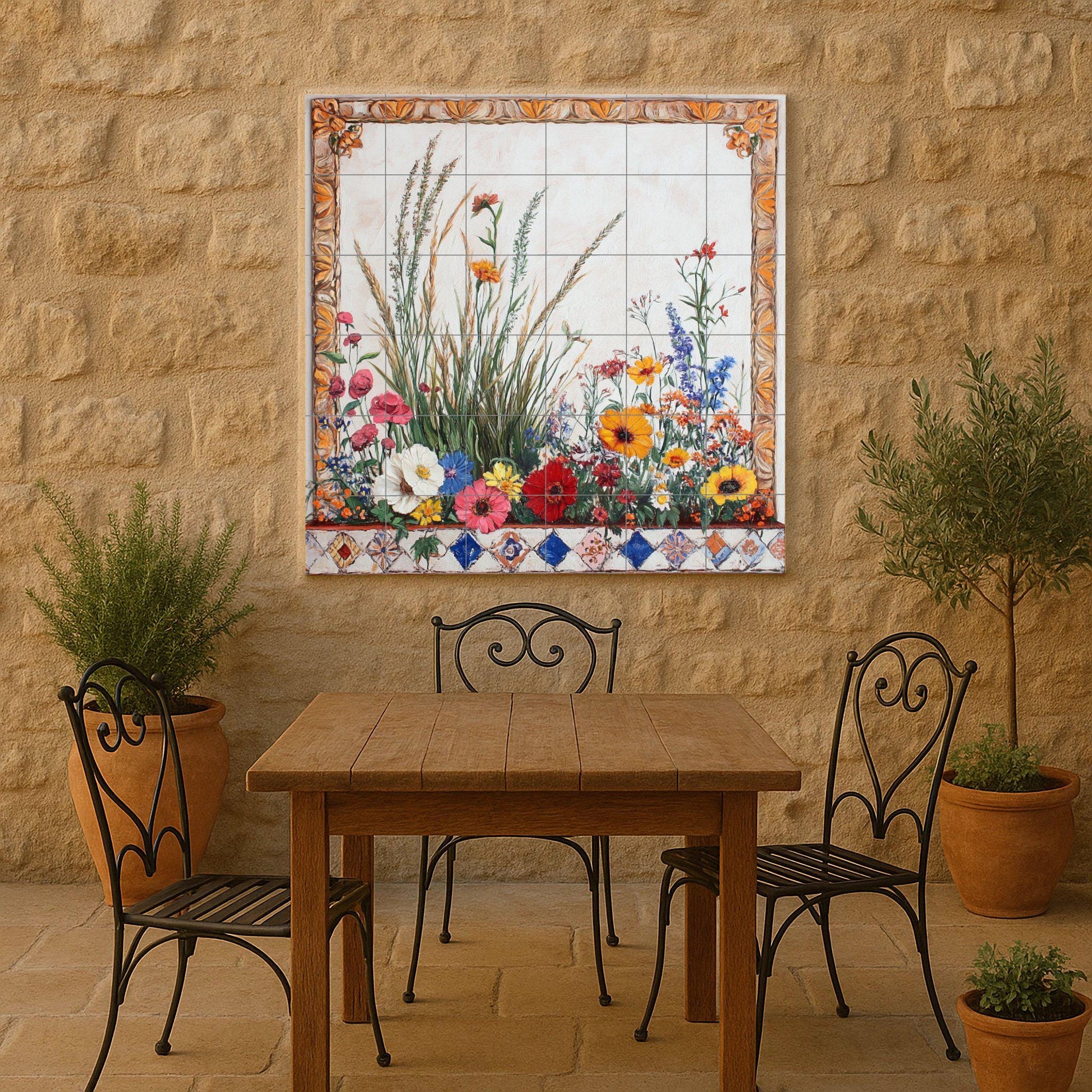Borde de prado de flores silvestres, tallos — Fliesen-Wandbild aus Keramik · Garten- & Natur-Dekor