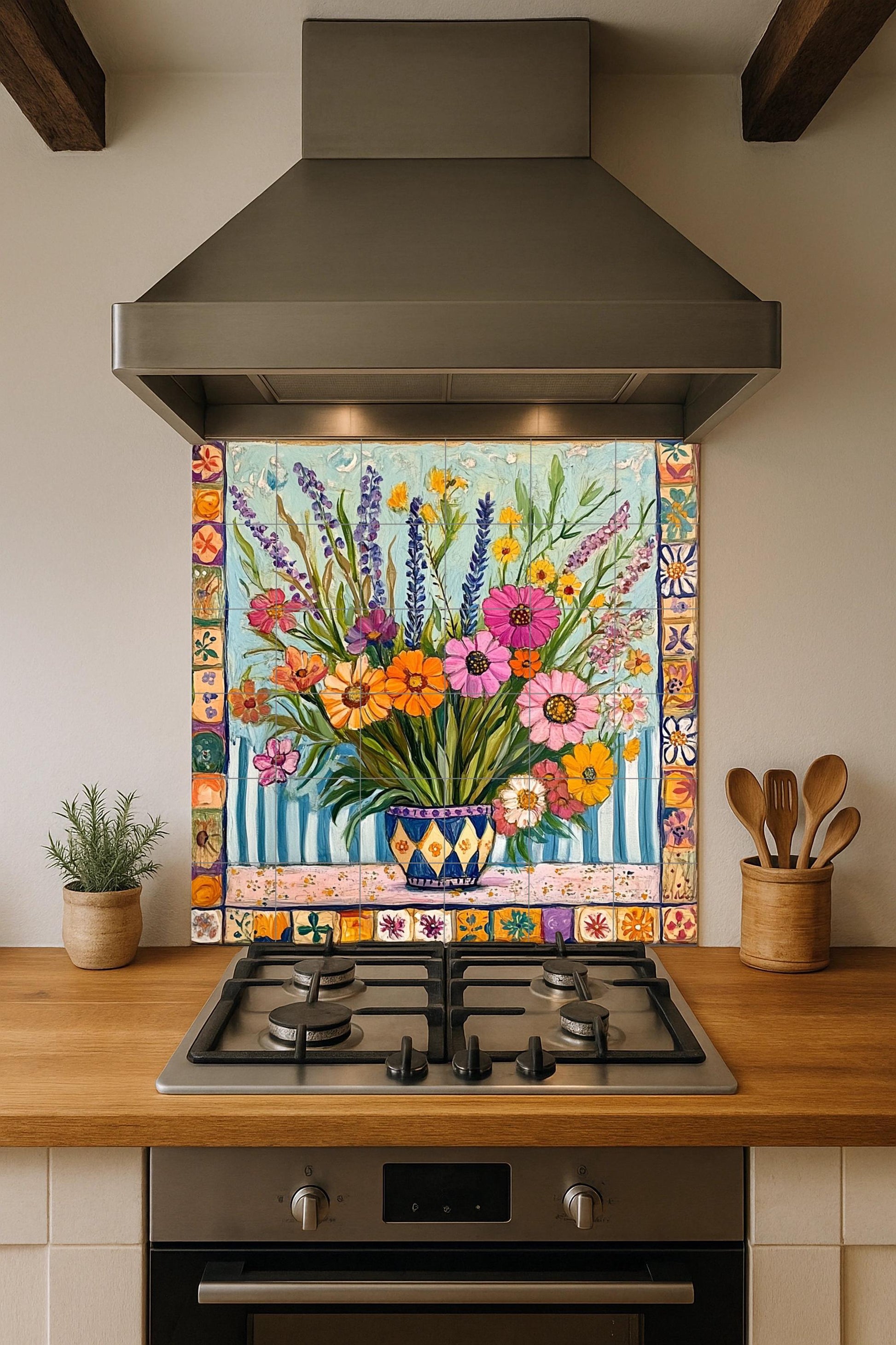 Mural de azulejos de cerámica con un colorido ramo de flores…