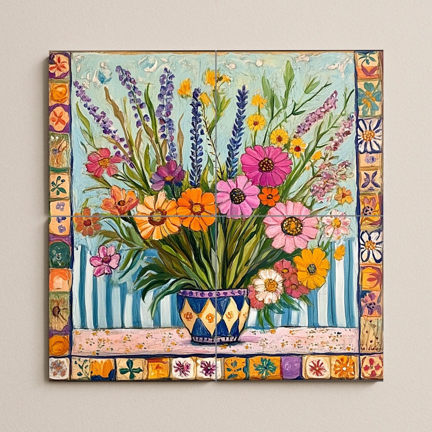 Mural de azulejos de cerámica con un colorido ramo de flores…
