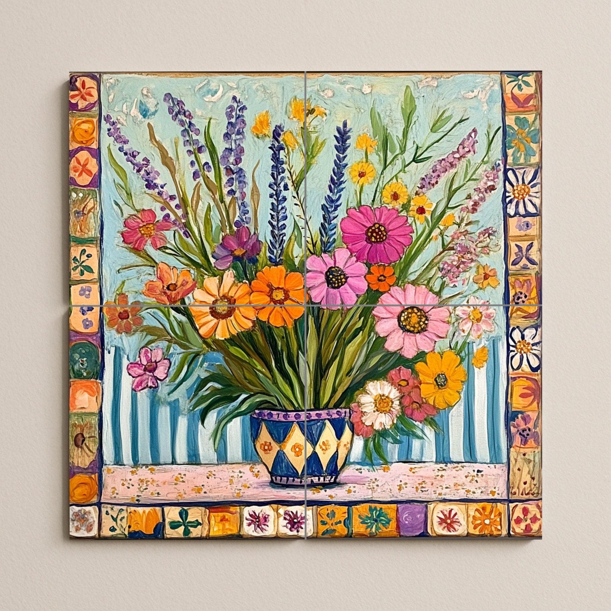 Mural de azulejos de cerámica con un colorido ramo de flores…