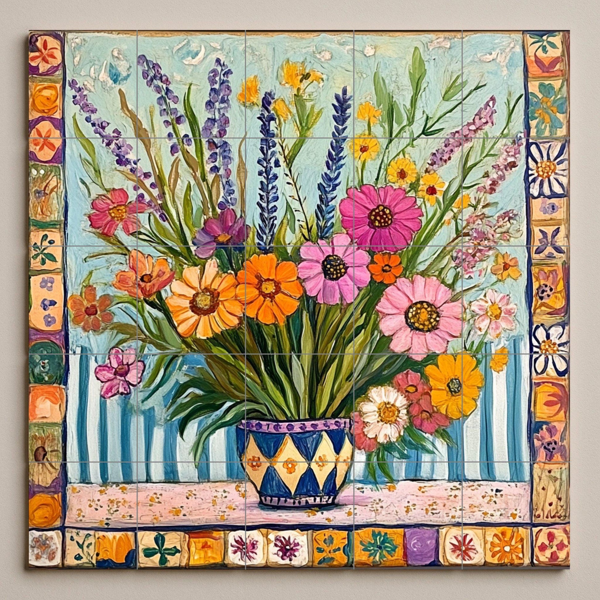 Mural de azulejos de cerámica con un colorido ramo de flores…