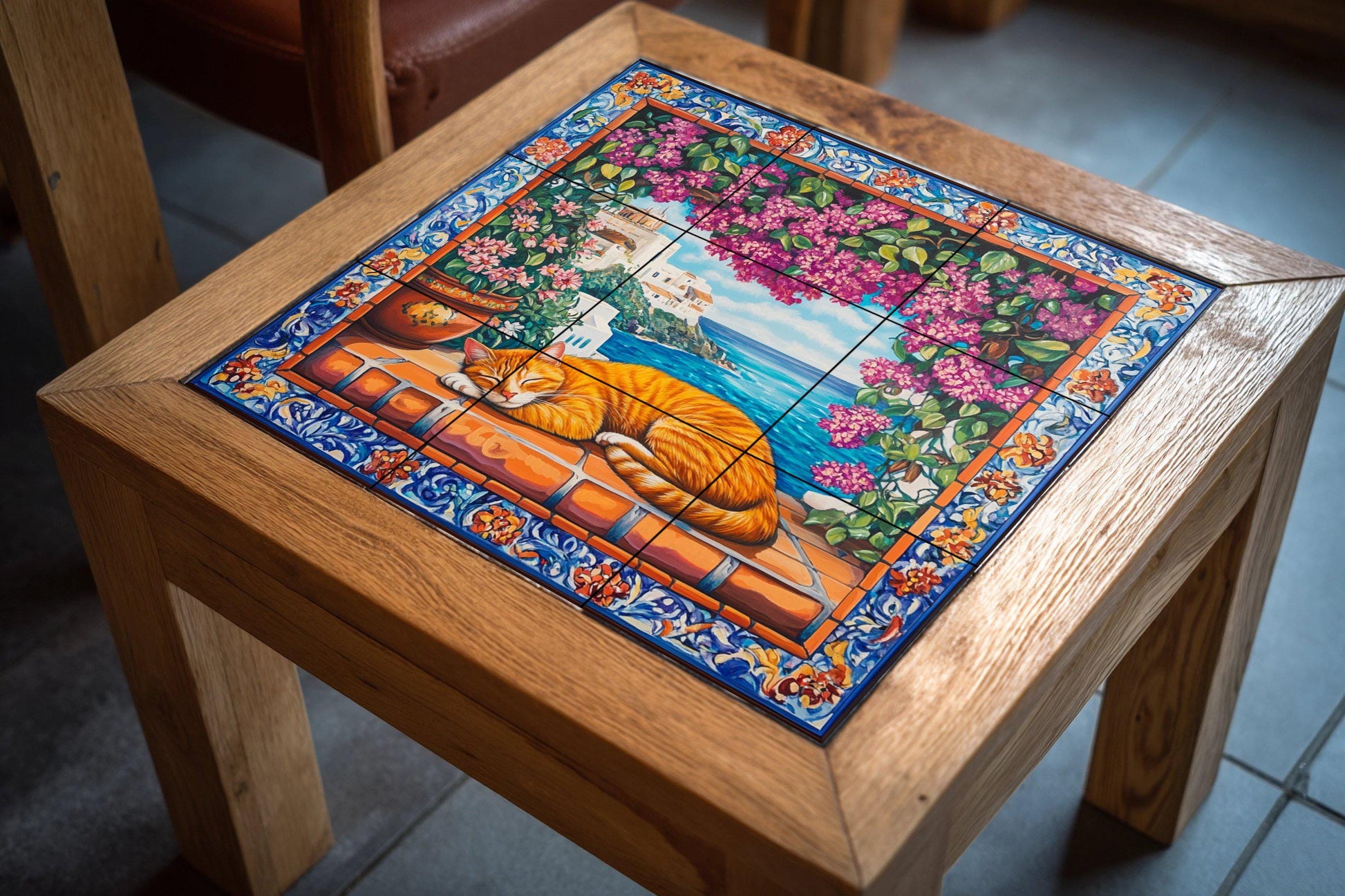 Gato naranja durmiendo sobre baldosas de te — Nature Wall Art · Tile Wall Art
