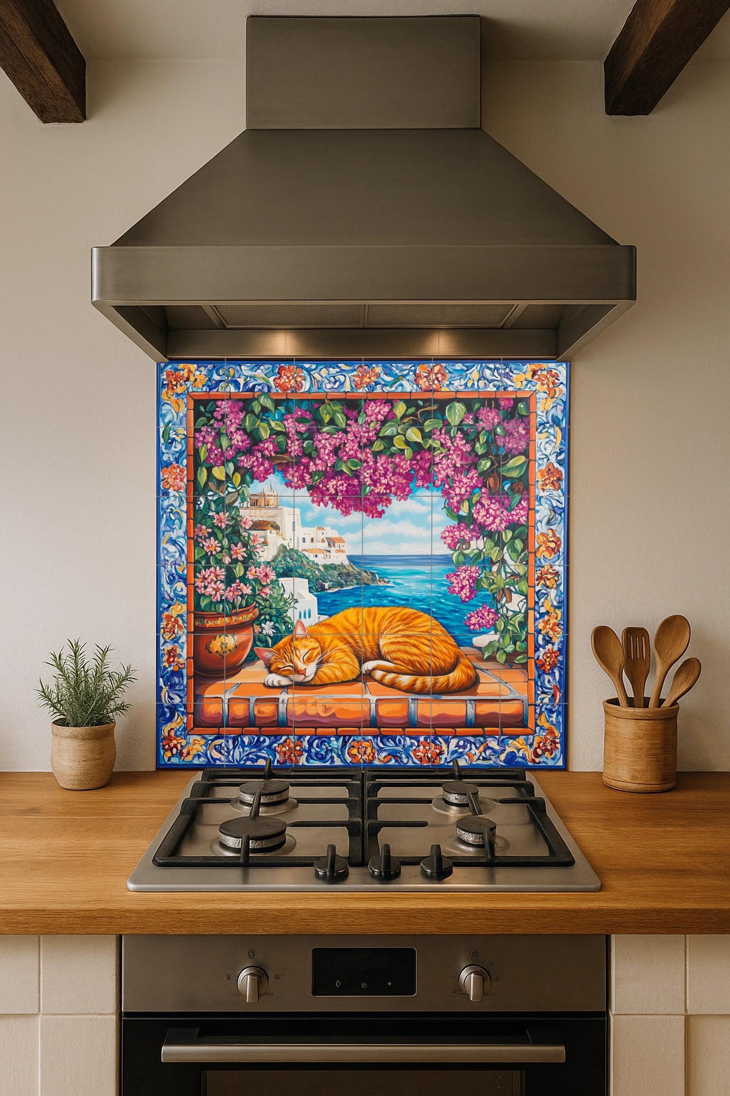 Gato naranja durmiendo sobre baldosas de te — Nature Wall Art · Tile Wall Art