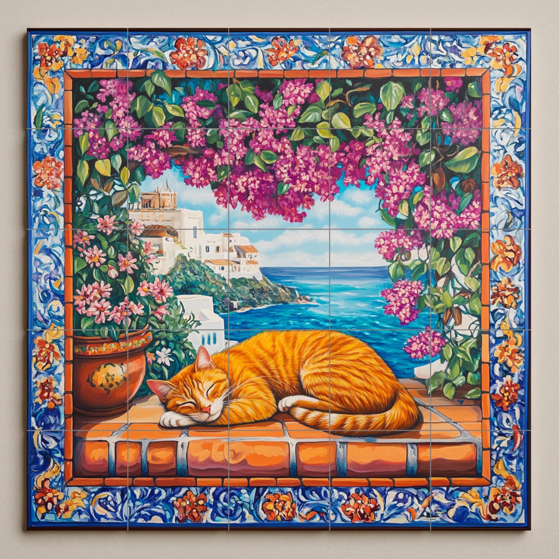 Gato naranja durmiendo sobre baldosas de te — Nature Wall Art · Tile Wall Art