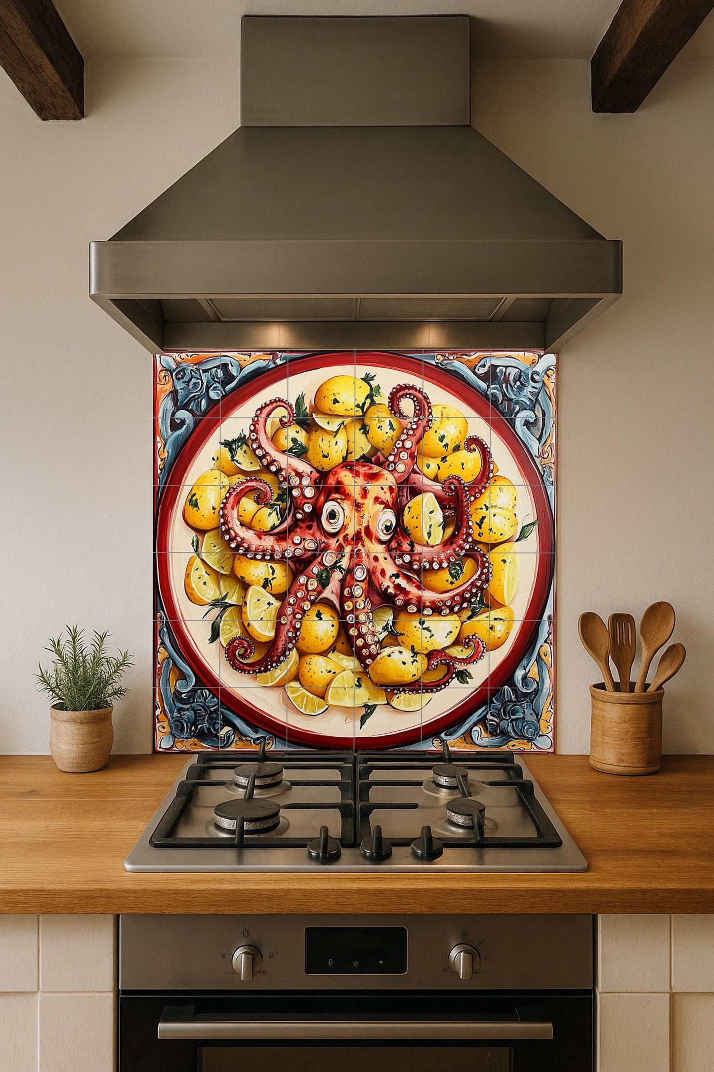 Pulpo a la gallega con patatas y limones, pla — Fliesen-Wandbild aus Keramik · Rustikale Bauernhaus-Kunst