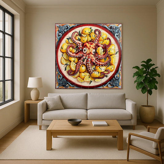 Mural de azulejos cerámicos con pulpo a la gallega con patatas y…