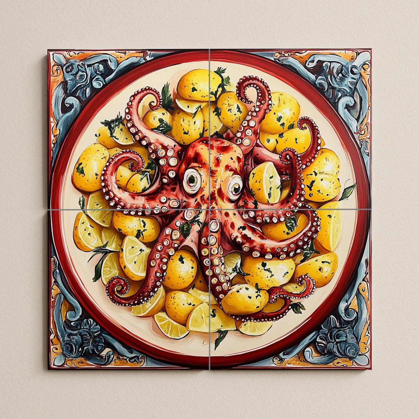 Pulpo a la gallega con patatas y limones, pla — Fliesen-Wandbild aus Keramik · Rustikale Bauernhaus-Kunst