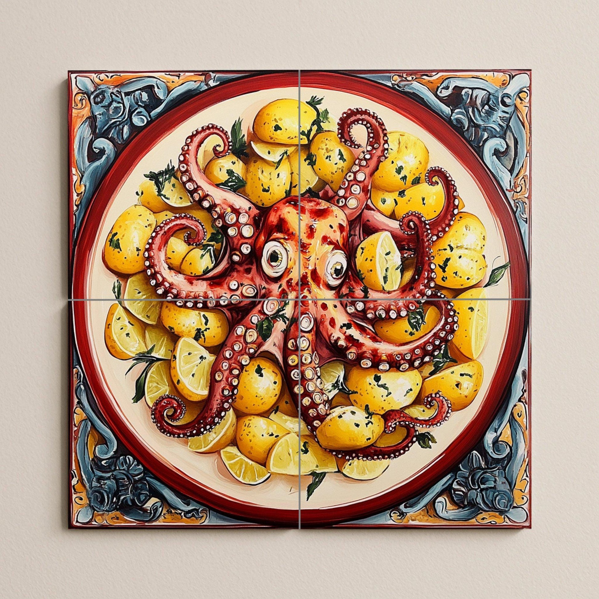 Pulpo a la gallega con patatas y limones, pla — Fliesen-Wandbild aus Keramik · Rustikale Bauernhaus-Kunst