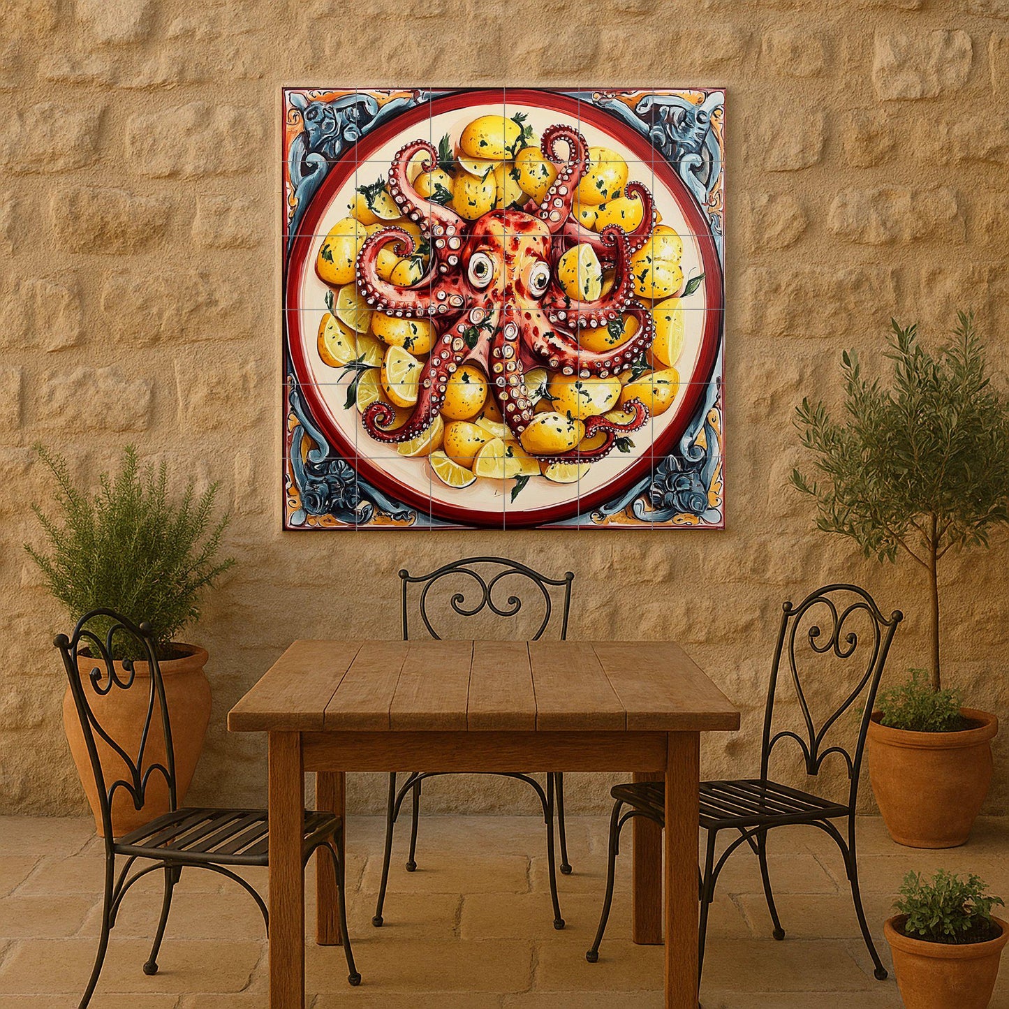 Pulpo a la gallega con patatas y limones, pla — Fliesen-Wandbild aus Keramik · Rustikale Bauernhaus-Kunst