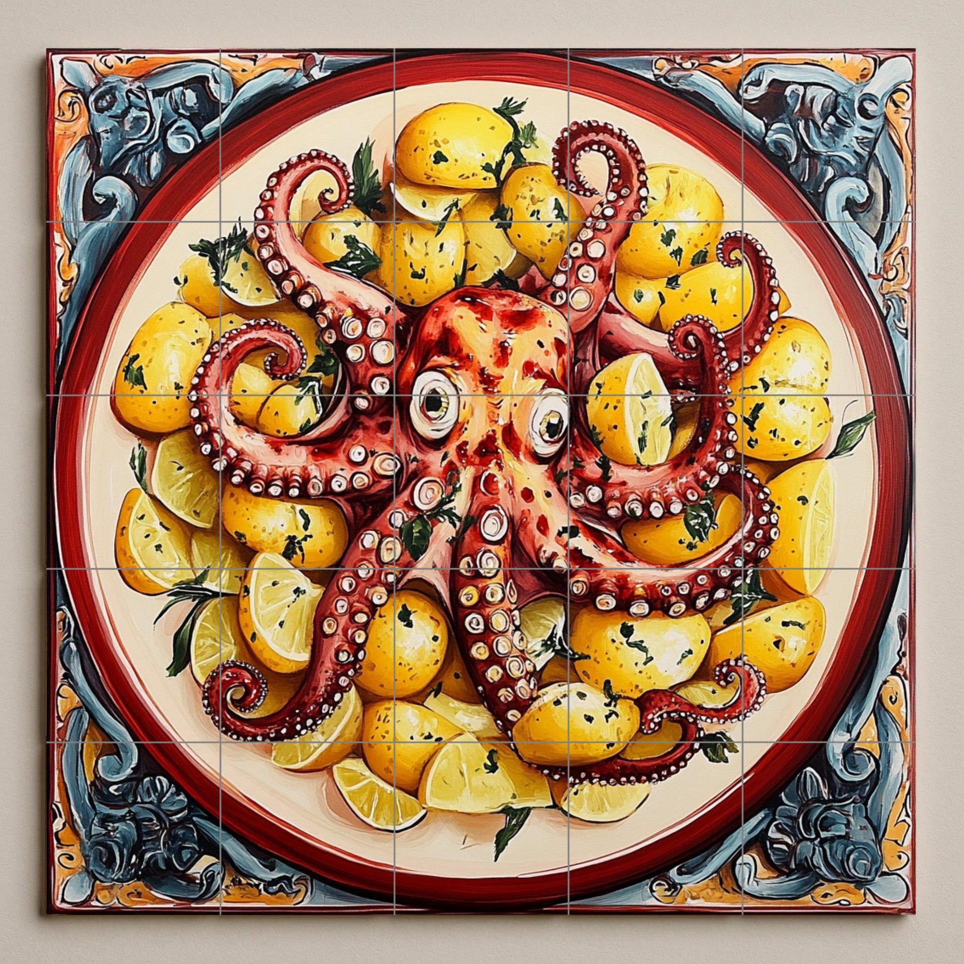 Pulpo a la gallega con patatas y limones, pla — Fliesen-Wandbild aus Keramik · Rustikale Bauernhaus-Kunst