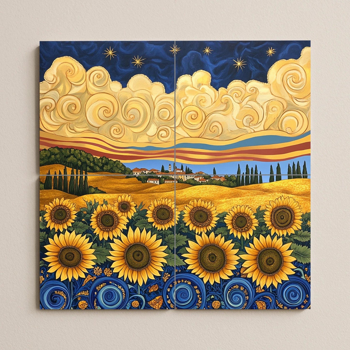 Mural de azulejos de cerámica en estilo Van Gogh con girasoles, cielo…