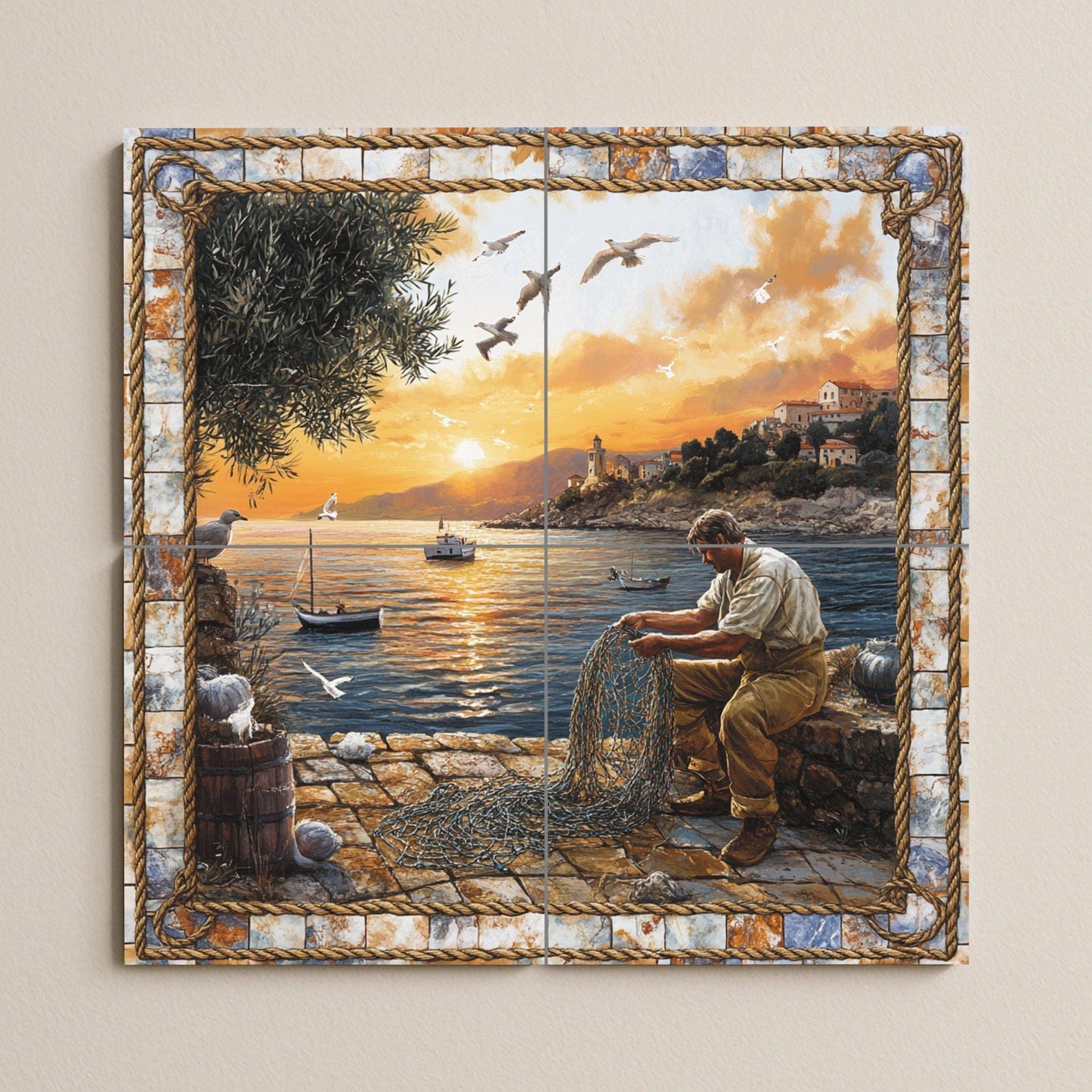 Un pescador reparando una red junto al mar — Fresque Murale en Carreaux de Céramique · Scène de Bord de Mer