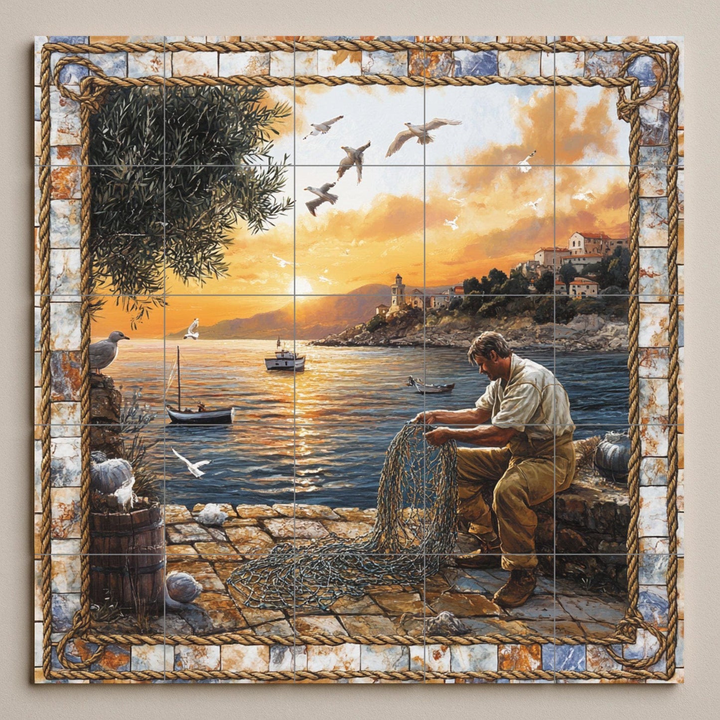 Un pescador reparando una red junto al mar — Fresque Murale en Carreaux de Céramique · Scène de Bord de Mer