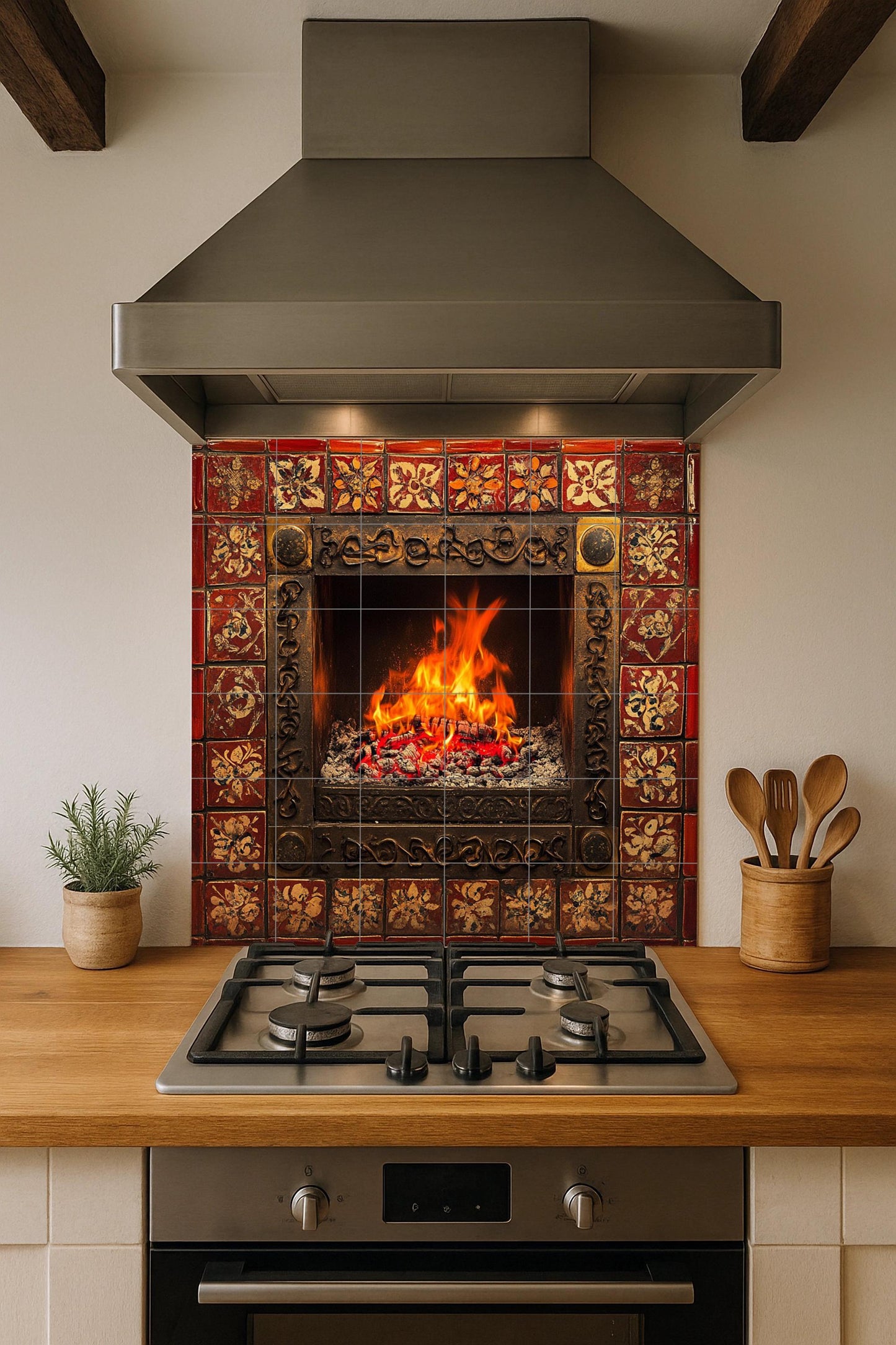 Chimenea encendida y llamas brillantes, bor · Keramik-Wandbild — Volkskunst-Dekor