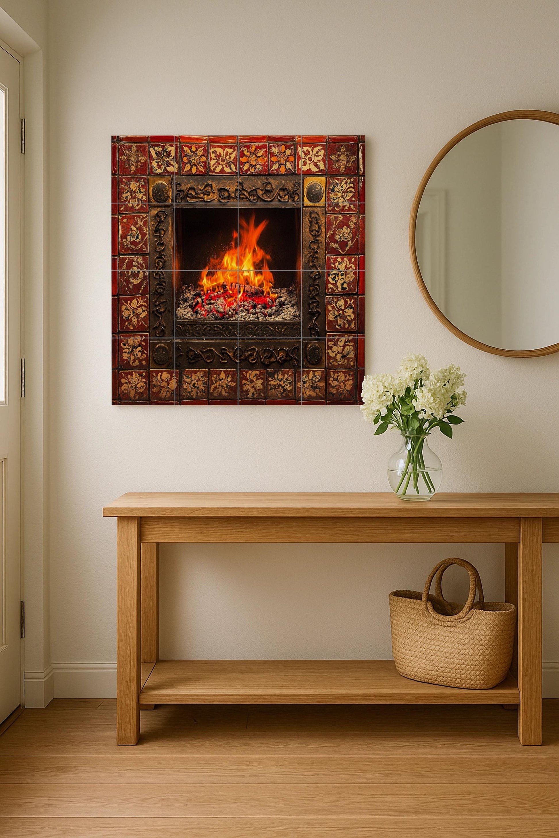 Chimenea encendida y llamas brillantes, bor · Keramik-Wandbild — Volkskunst-Dekor