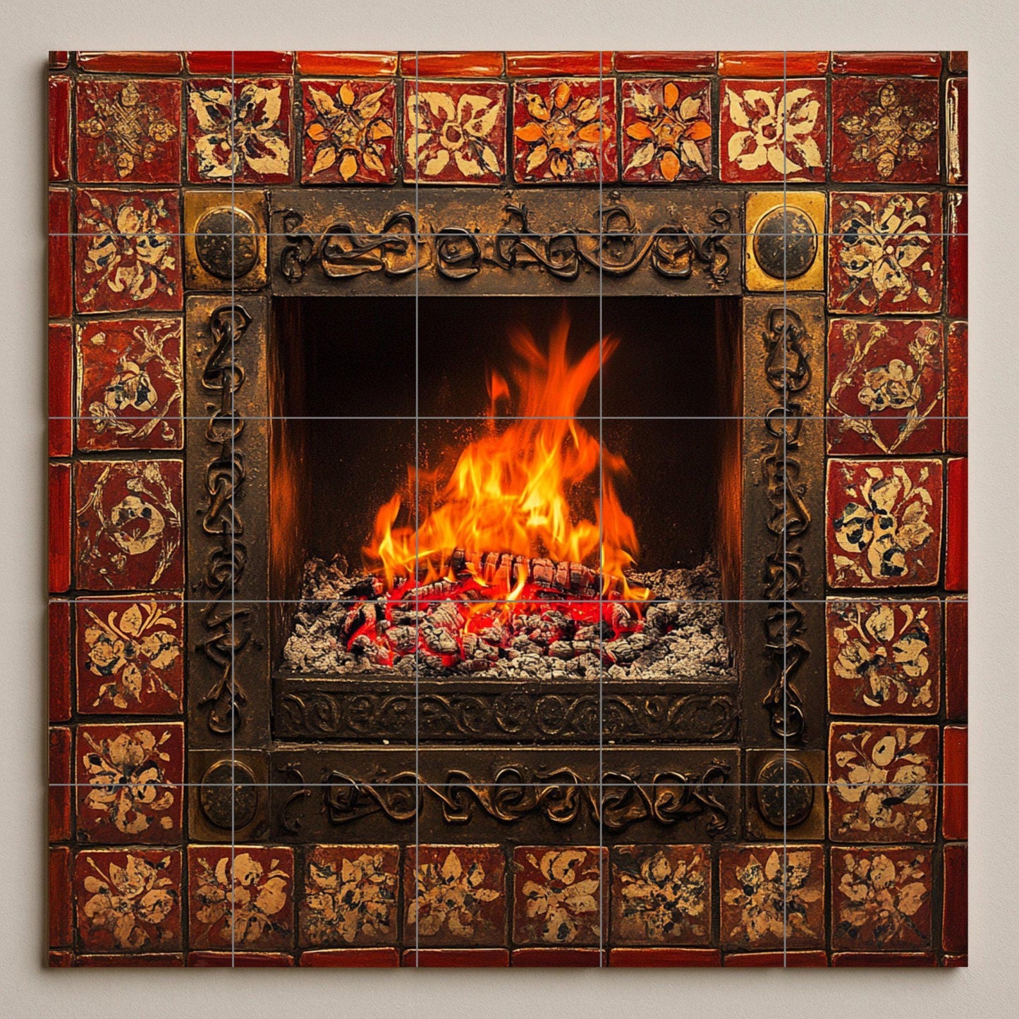 Chimenea encendida y llamas brillantes, bor · Keramik-Wandbild — Volkskunst-Dekor