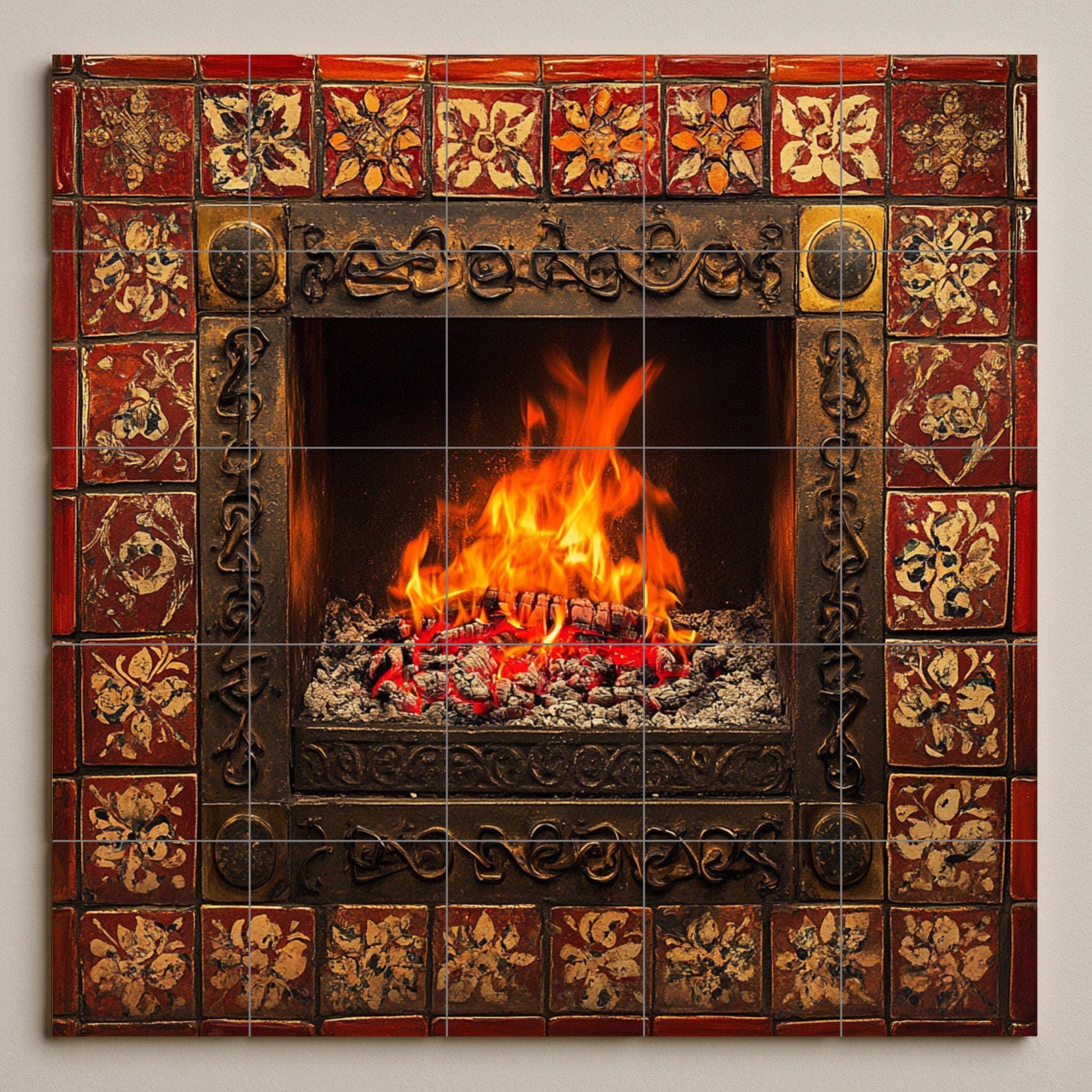 Chimenea encendida y llamas brillantes, bor · Keramik-Wandbild — Volkskunst-Dekor