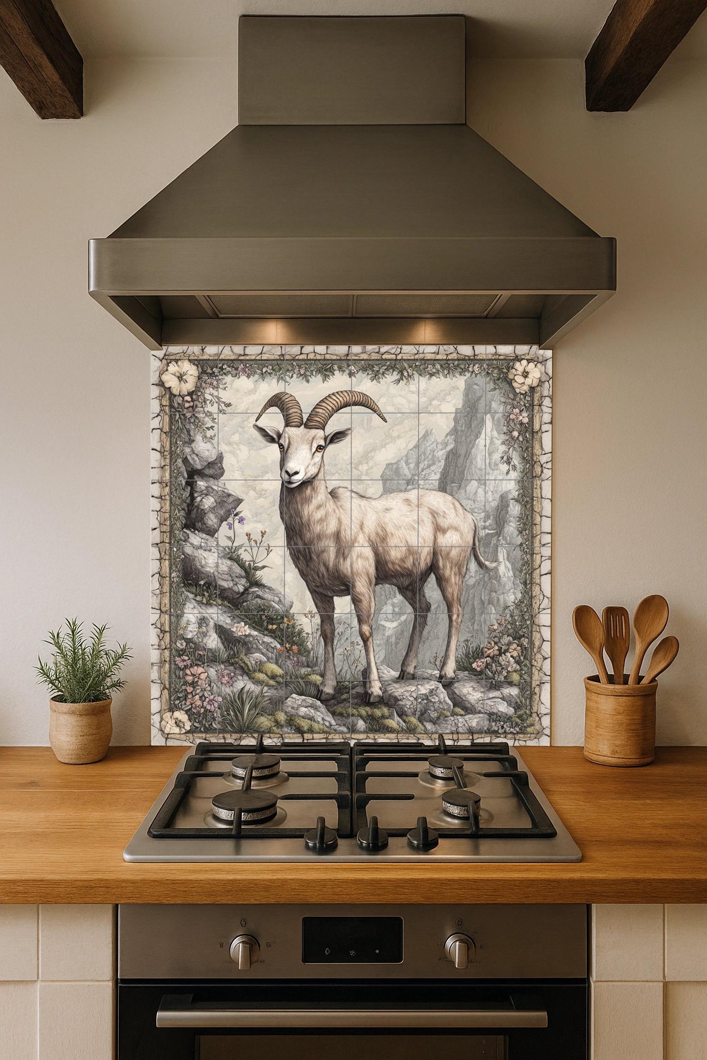 Ceramic Tile Mural: Cabra montés en un acantilado rocoso, panel — Flowers & Landscape Art