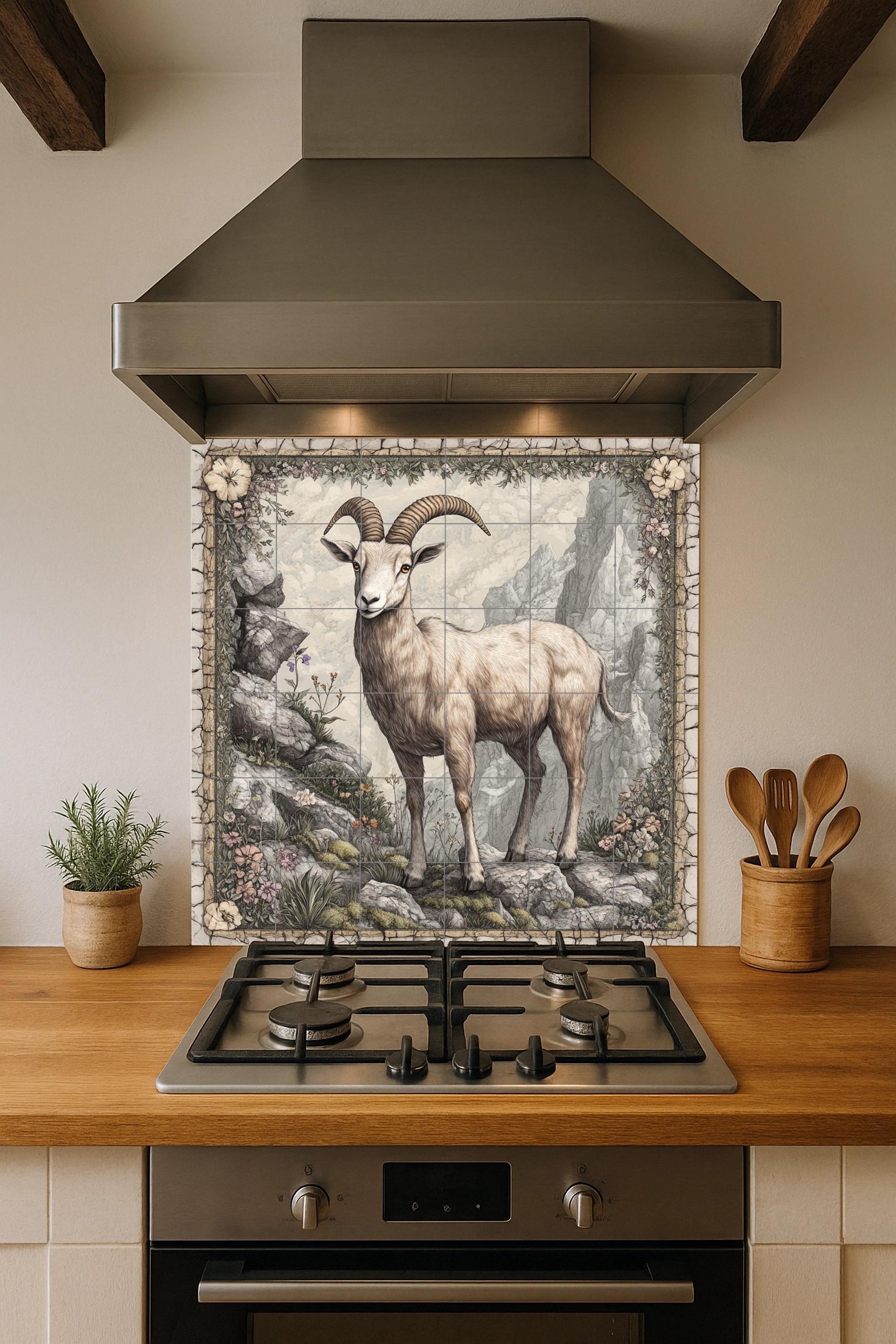 Ceramic Tile Mural: Cabra montés en un acantilado rocoso, panel — Flowers & Landscape Art