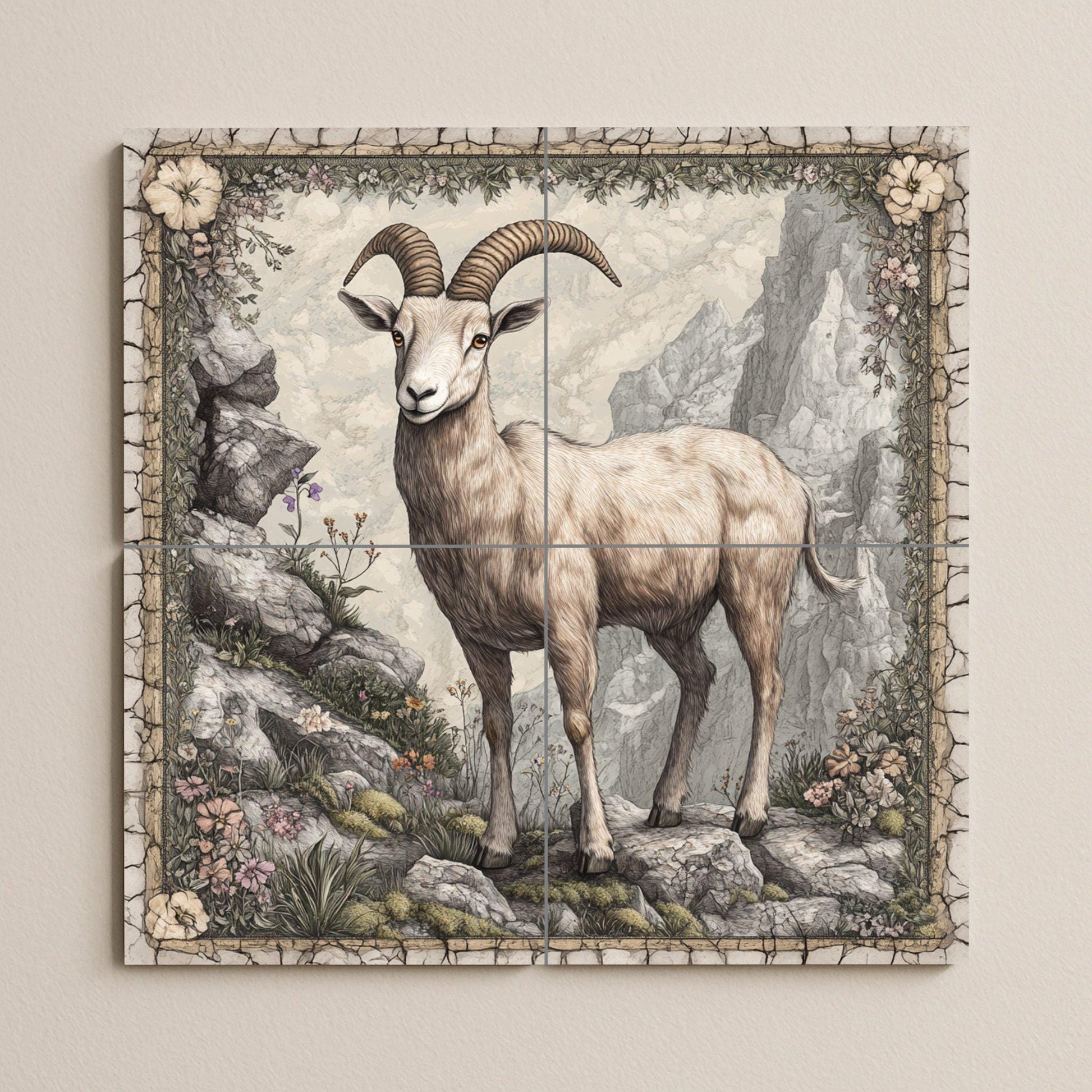 Ceramic Tile Mural: Cabra montés en un acantilado rocoso, panel — Flowers & Landscape Art