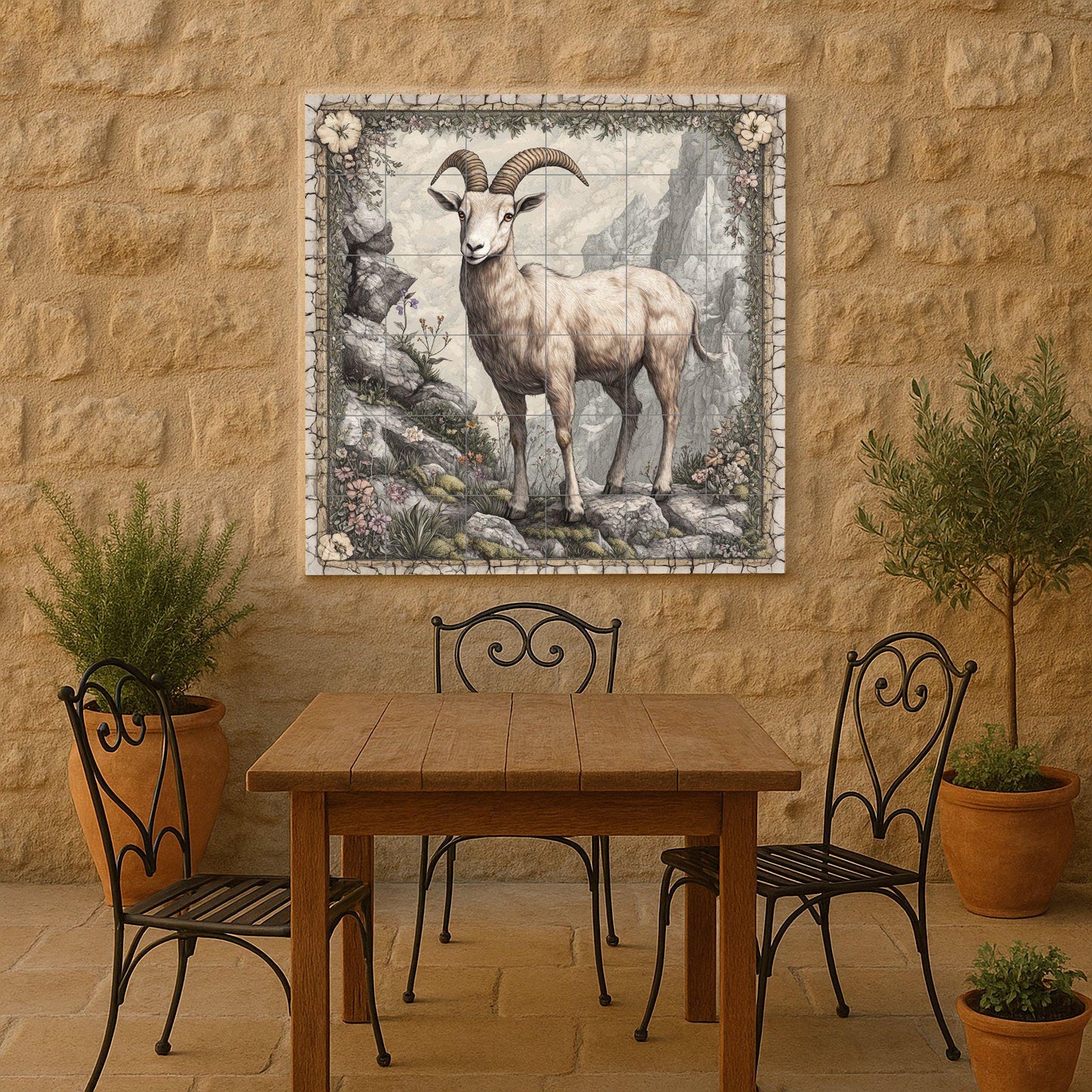 Ceramic Tile Mural: Cabra montés en un acantilado rocoso, panel — Flowers & Landscape Art