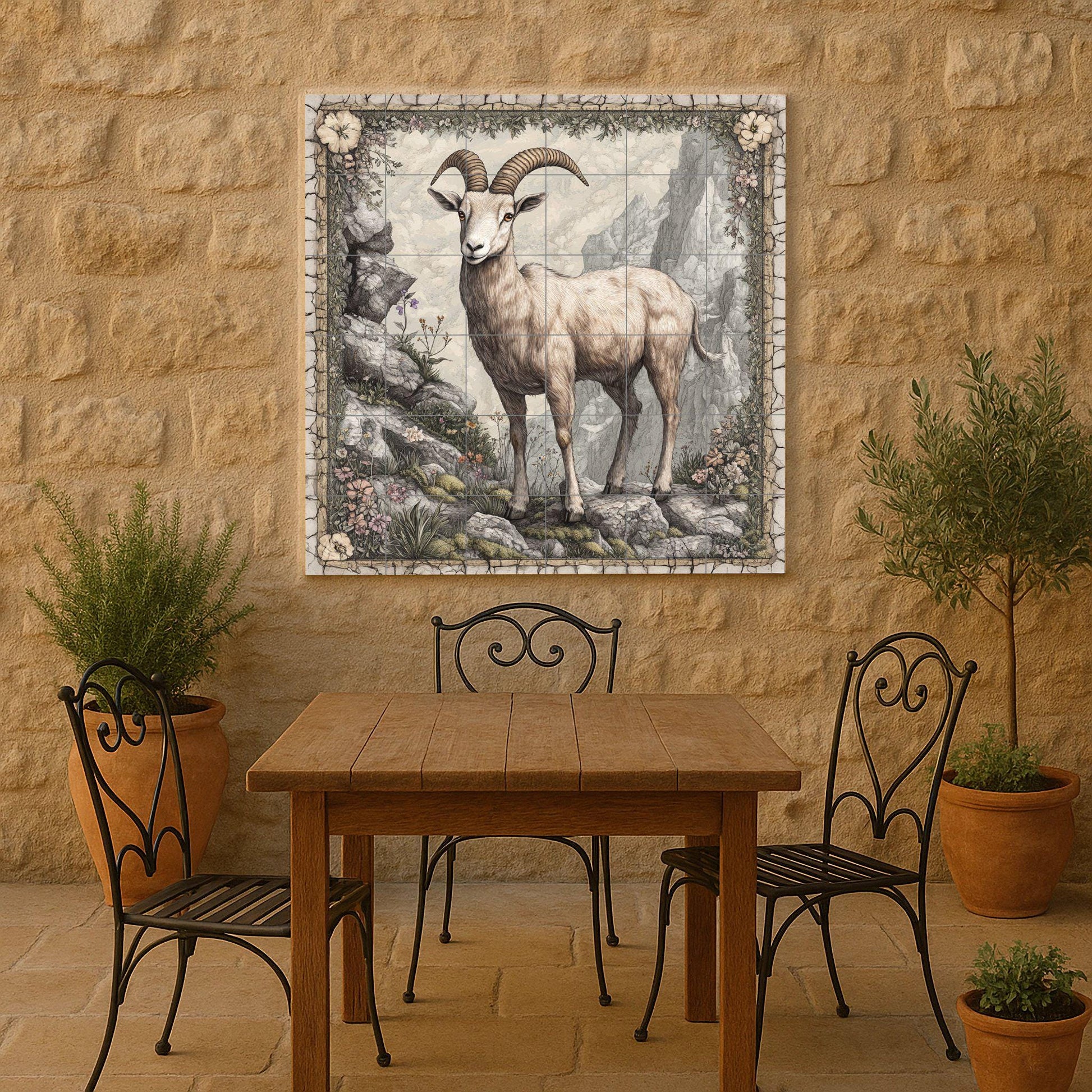 Ceramic Tile Mural: Cabra montés en un acantilado rocoso, panel — Flowers & Landscape Art