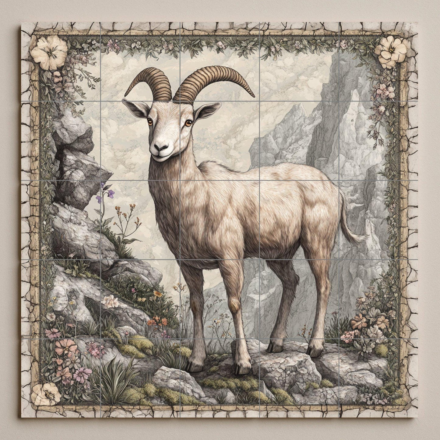 Ceramic Tile Mural: Cabra montés en un acantilado rocoso, panel — Flowers & Landscape Art