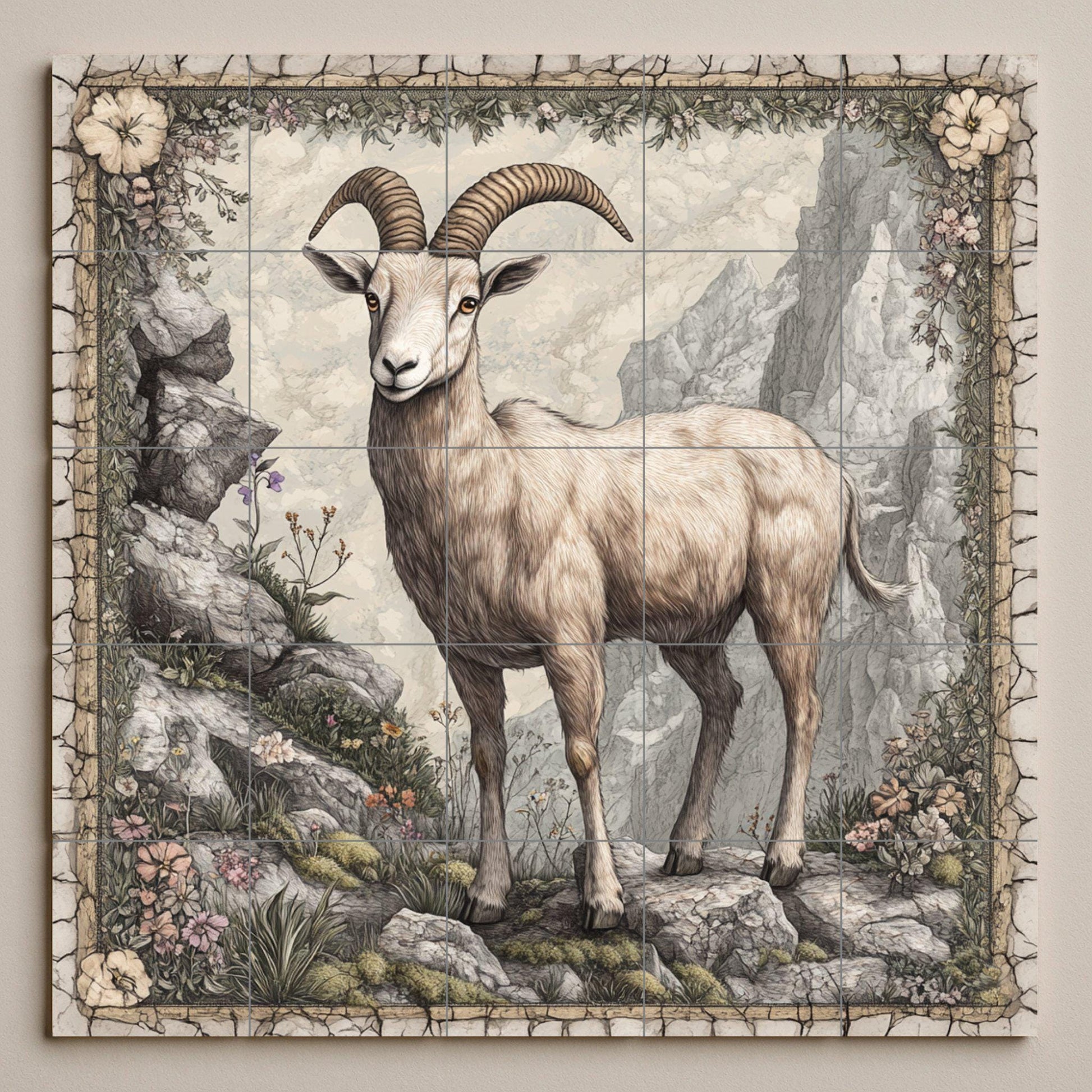 Ceramic Tile Mural: Cabra montés en un acantilado rocoso, panel — Flowers & Landscape Art