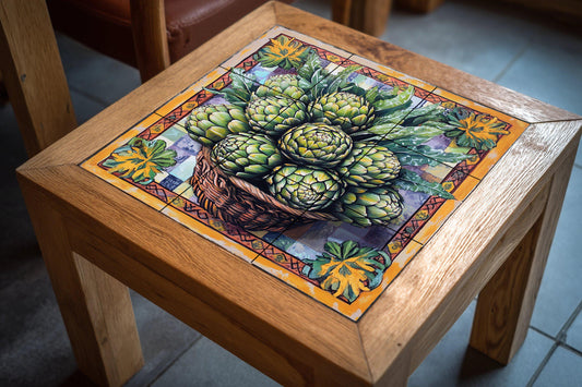 Mural de azulejos de cerámica con cesta de alcachofas frescas y panel…