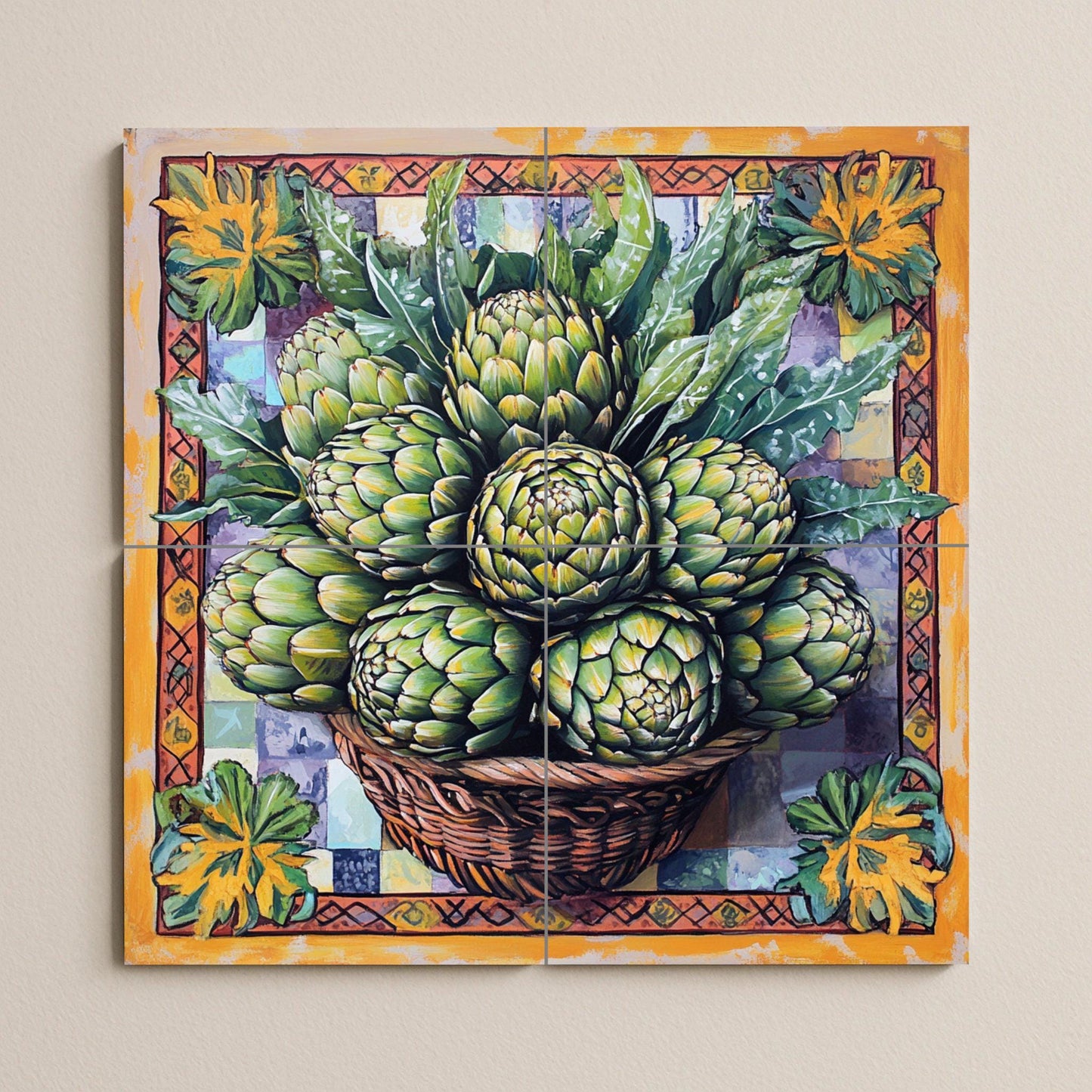 Fliesenbild Cesta de alcachofas frescas y panel decorat — Kulinarischer Wanddekor