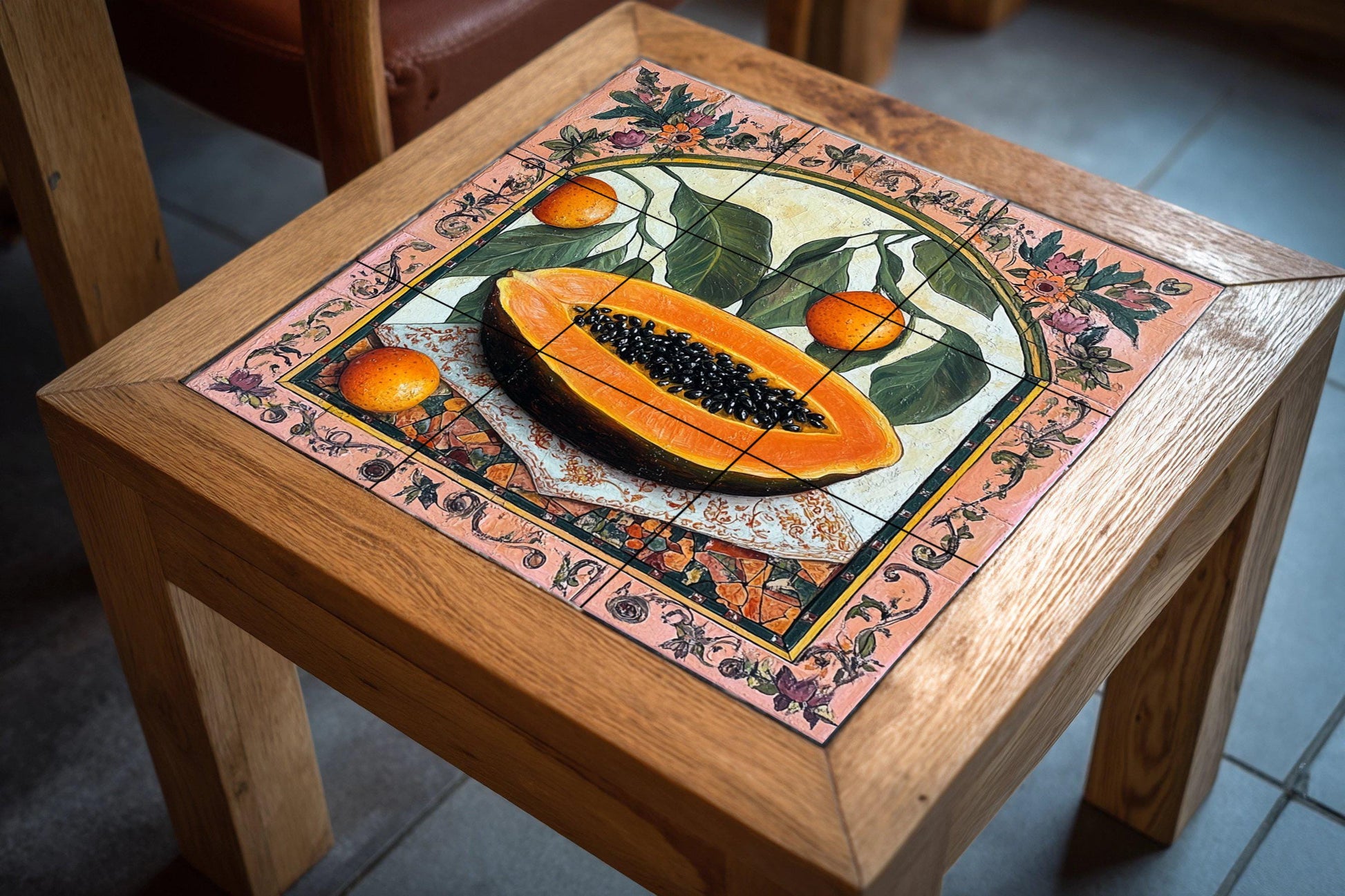 Botánicos coloniales con papaya y frutas cítricas · Fresque Céramique — Art Mural Nature