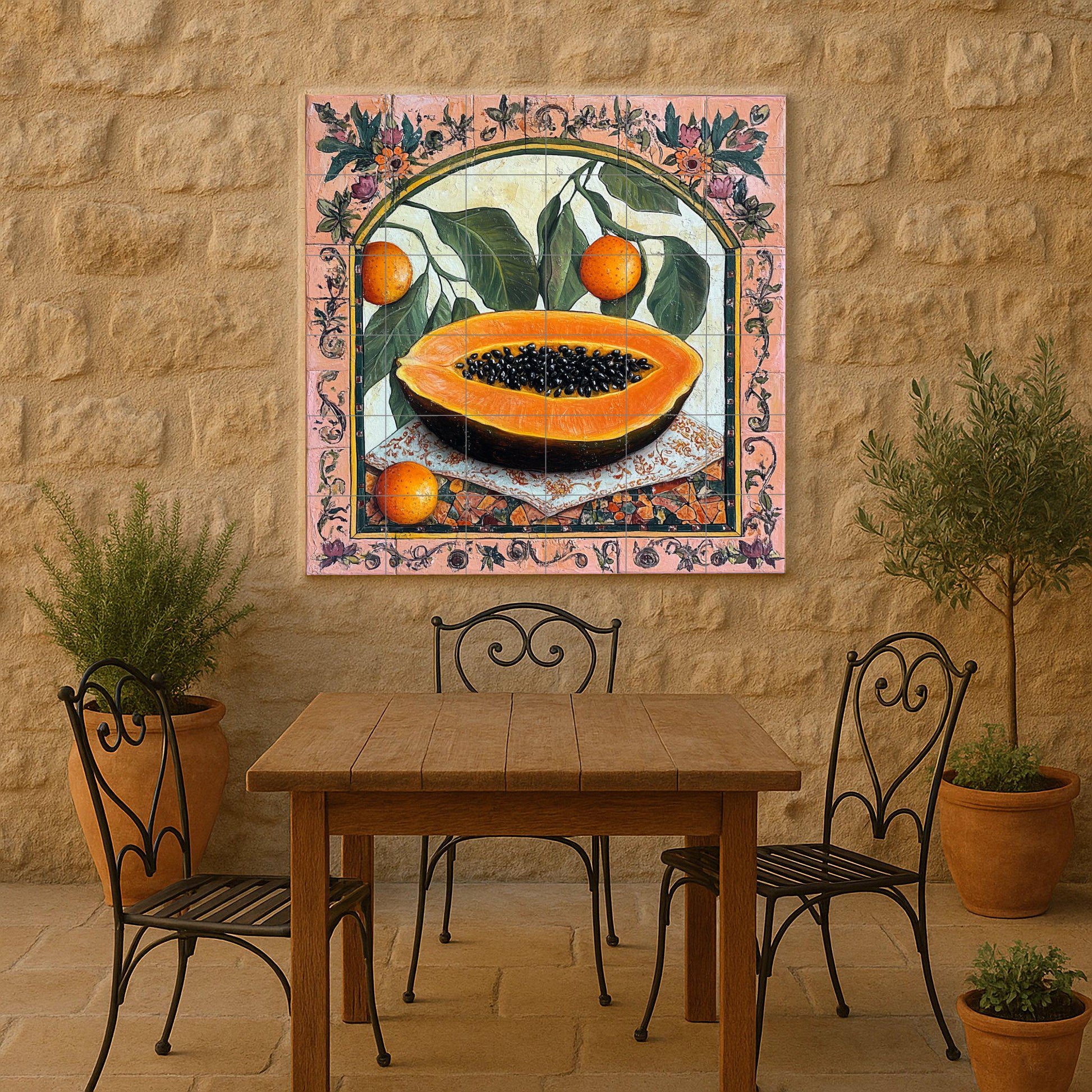 Botánicos coloniales con papaya y frutas cítricas · Fresque Céramique — Art Mural Nature