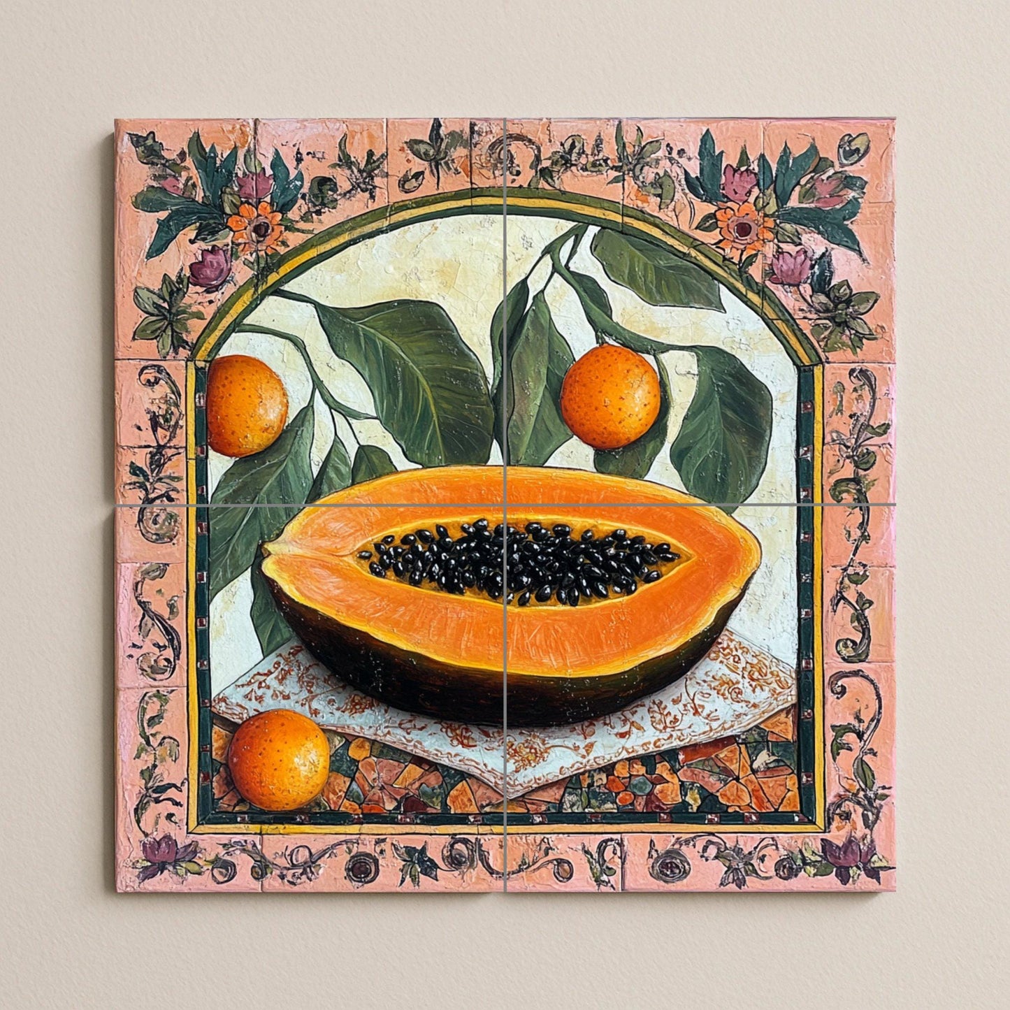 Botánicos coloniales con papaya y frutas cítricas · Fresque Céramique — Art Mural Nature