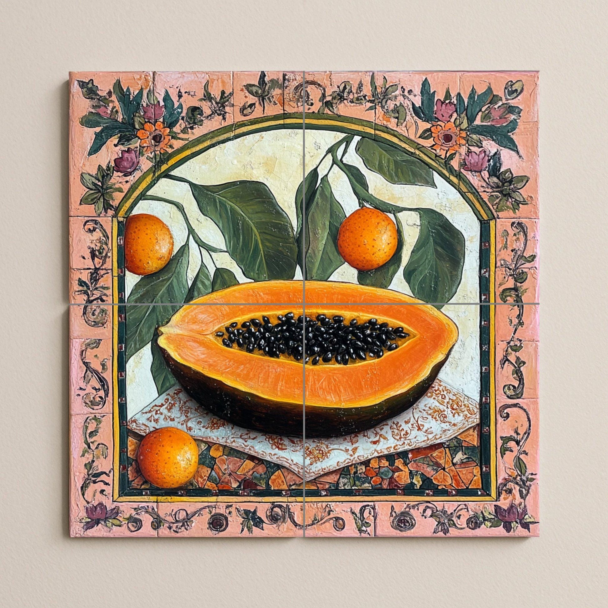 Botánicos coloniales con papaya y frutas cítricas · Fresque Céramique — Art Mural Nature