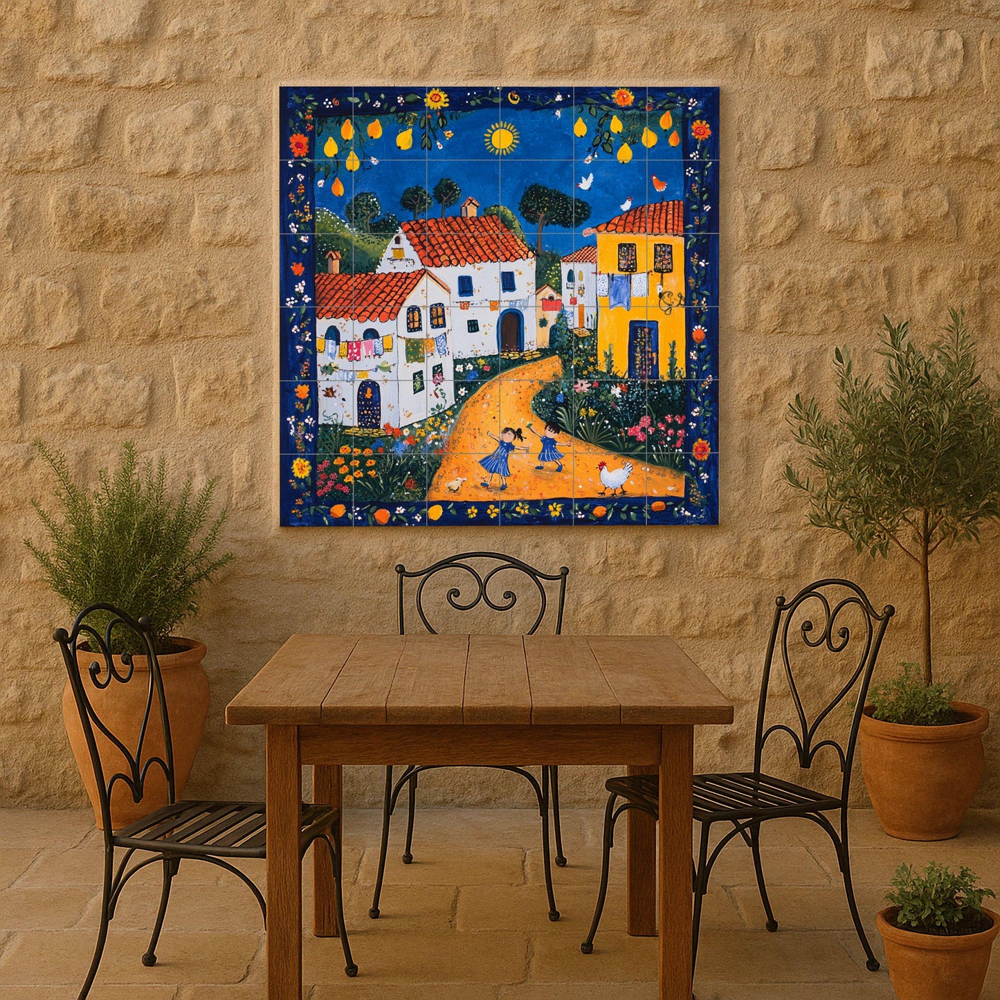 Cerámica de arte naif portugués con casas con techo de terracota — Countryside Kitchen Art · Tile Wall Art
