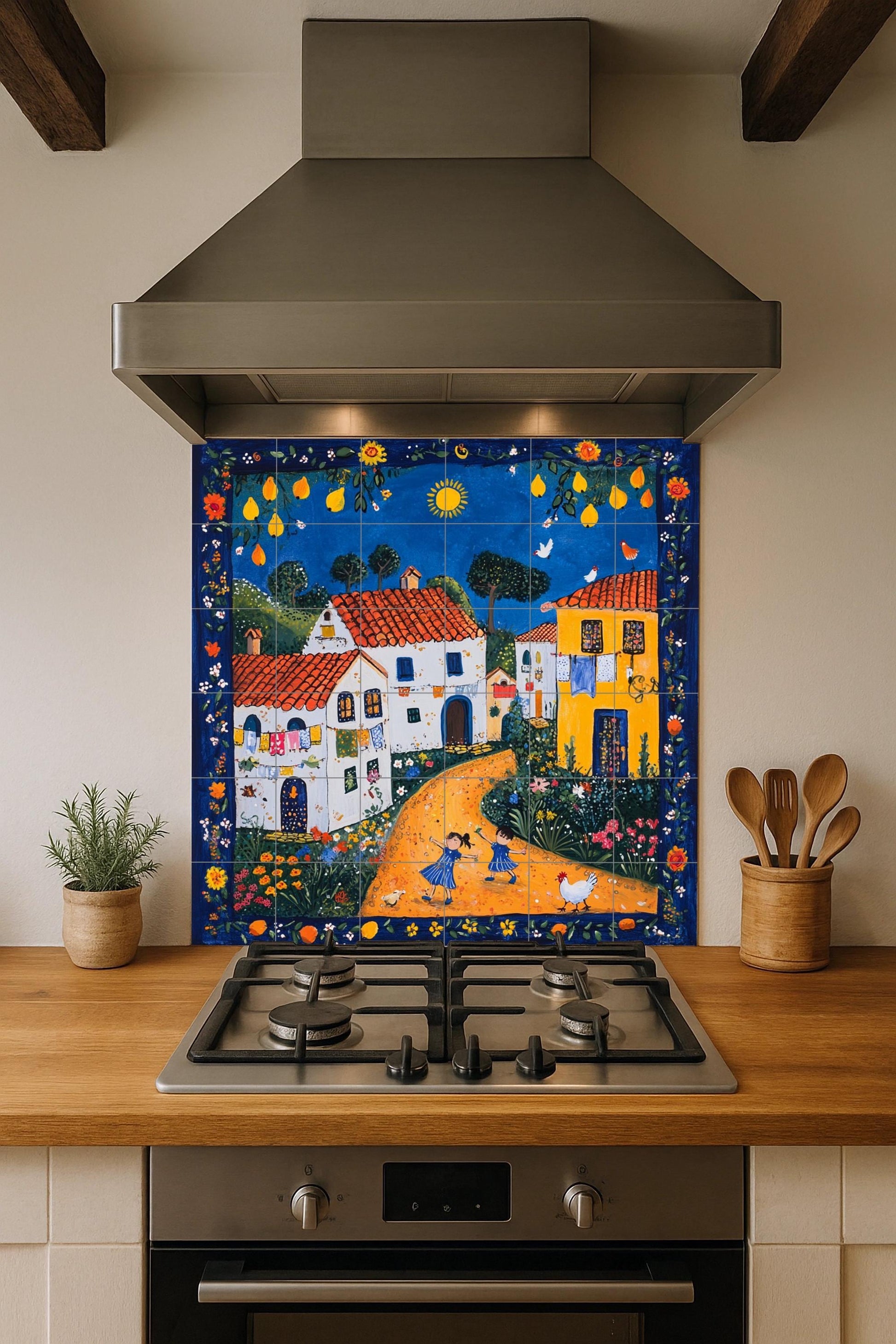 Cerámica de arte naif portugués con casas con techo de terracota — Countryside Kitchen Art · Tile Wall Art