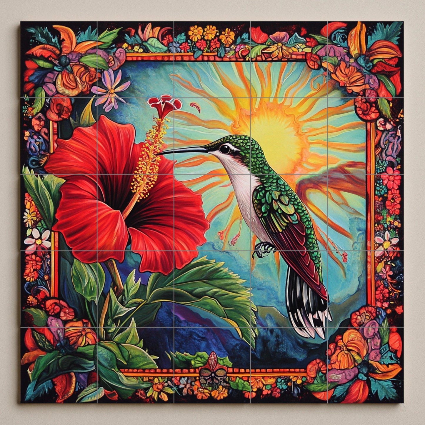 Murale in Piastrelle Colibrí caribeño con flor de hibisco, sol radia — Decoro Giardino e Natura